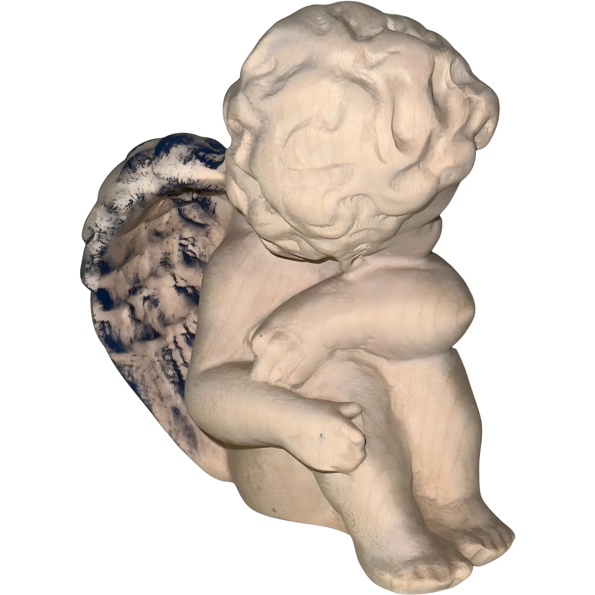 Handcrafted Maple Wood Angel: Winged Cherub in Contemplative Pose