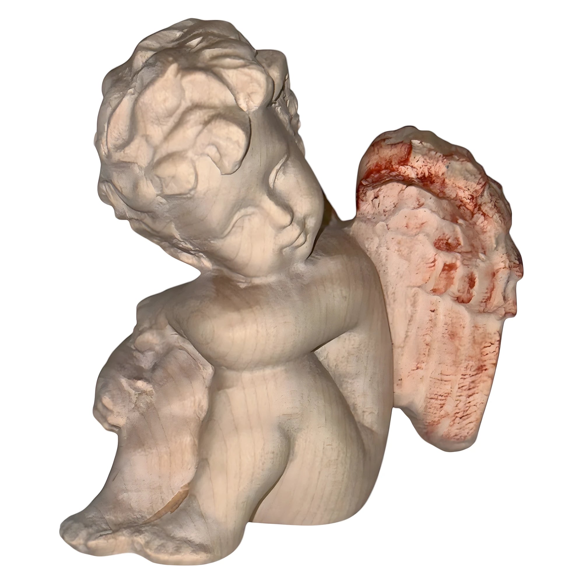 Angelo in Legno d'Acero Fatto a Mano: Putto Alato in Posa Contemplativa