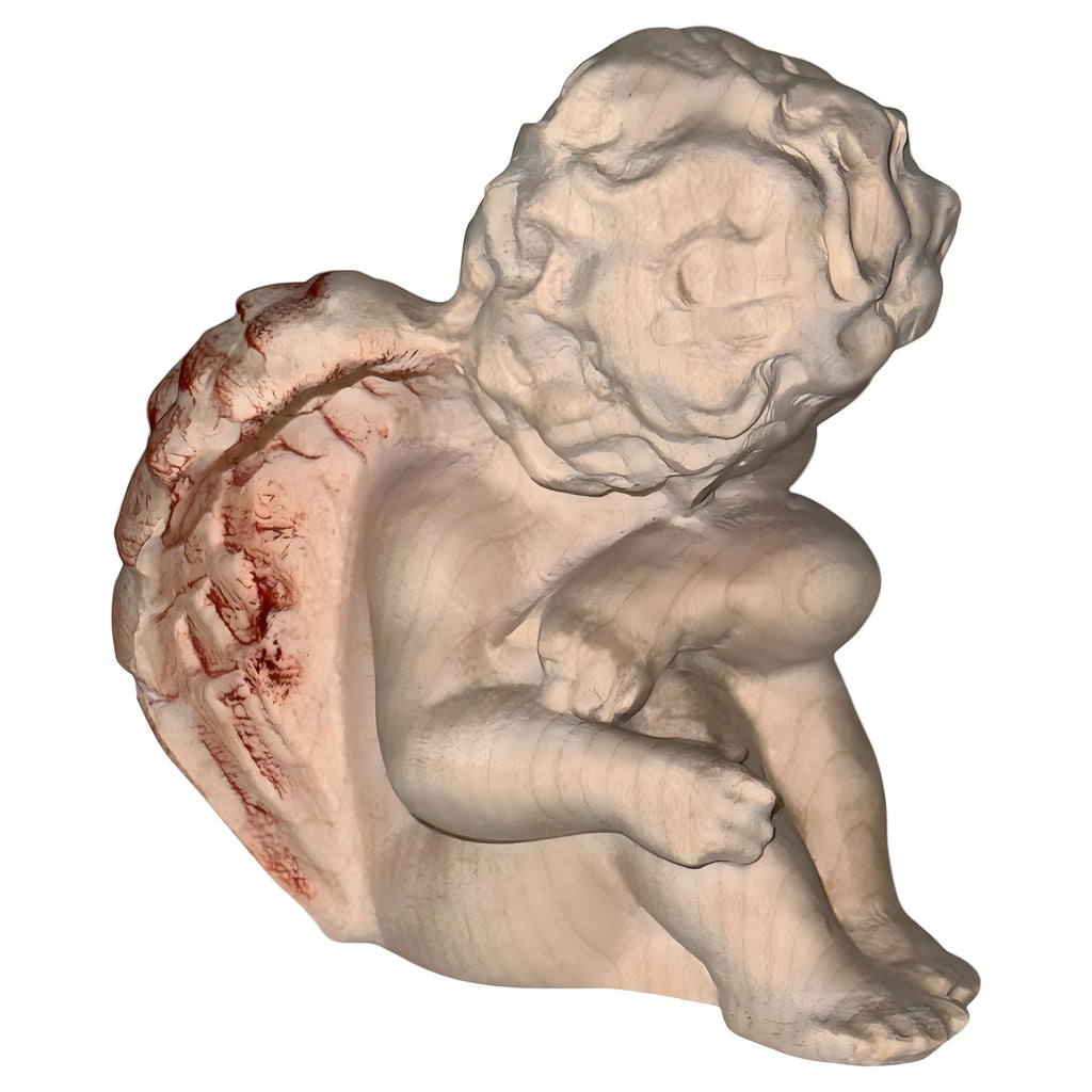 Angelo in Legno d'Acero Fatto a Mano: Putto Alato in Posa Contemplativa