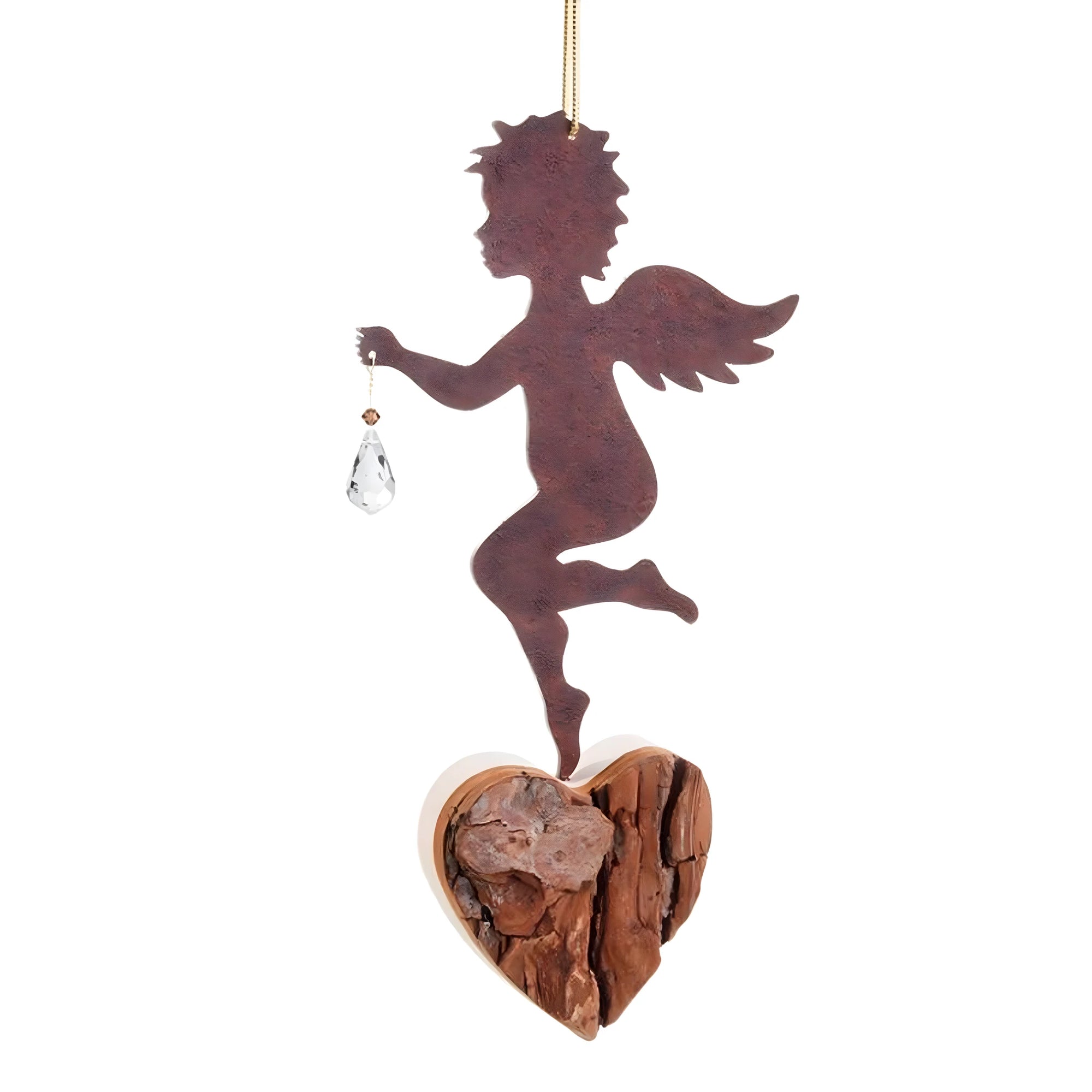 Ange Volant avec Cœur Naturel et Cristal Facetté Précieux - 16 cm