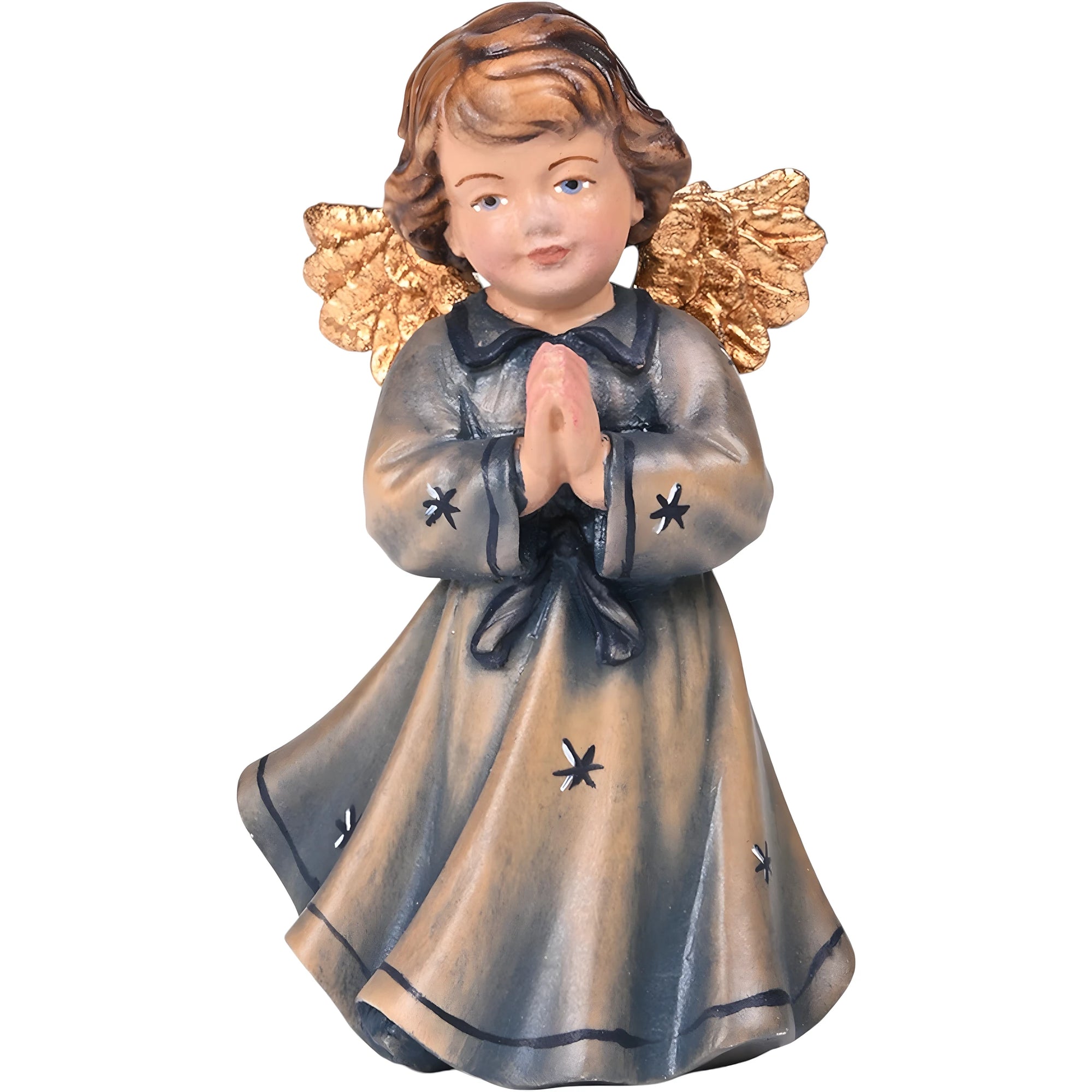 Praying Angel in Wood – Blue Dress and Gold Details