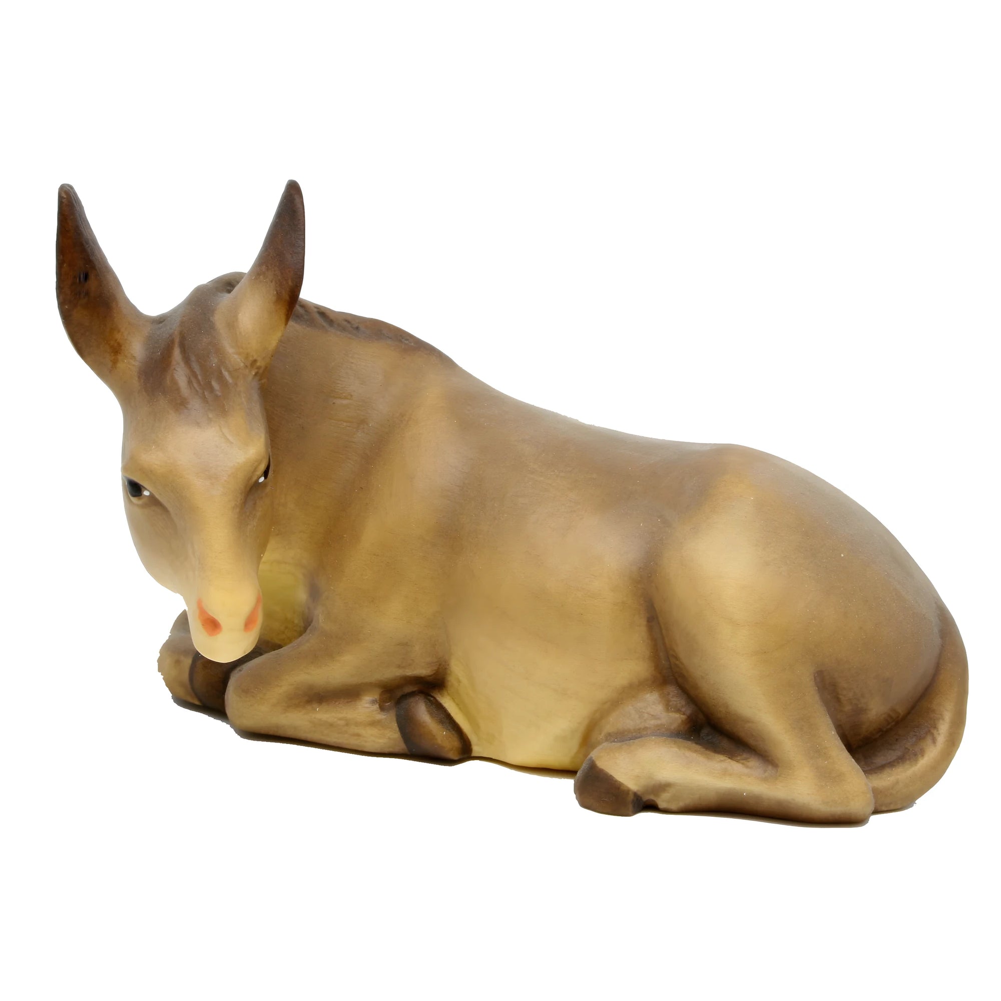 Lying donkey for artisanal wooden nativity scene sculpted in Val Gardena