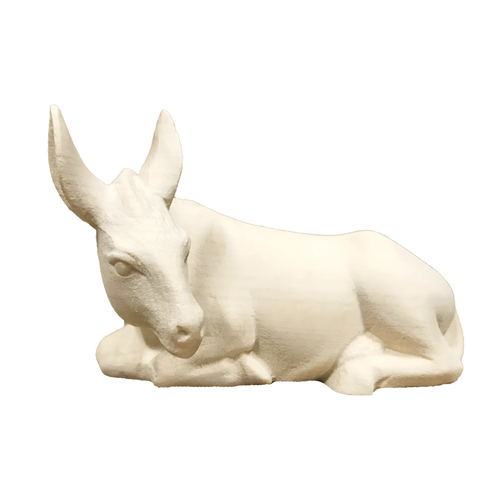 Lying donkey for artisanal wooden nativity scene sculpted in Val Gardena