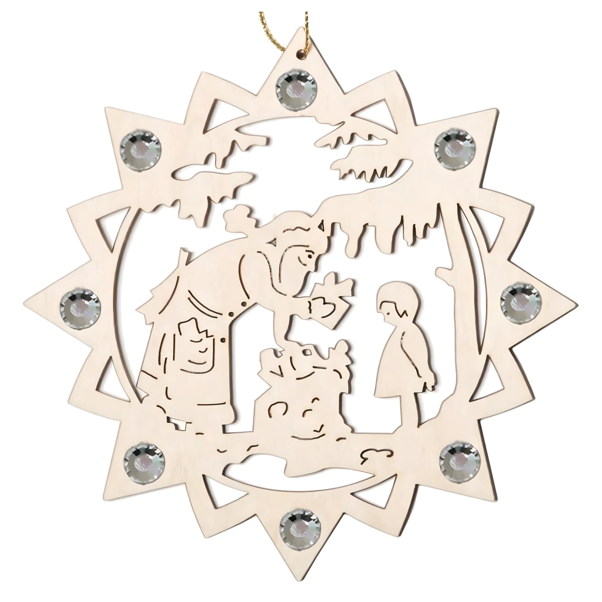 Santa Claus with Gifts on Wooden Star and Swarovski Crystals