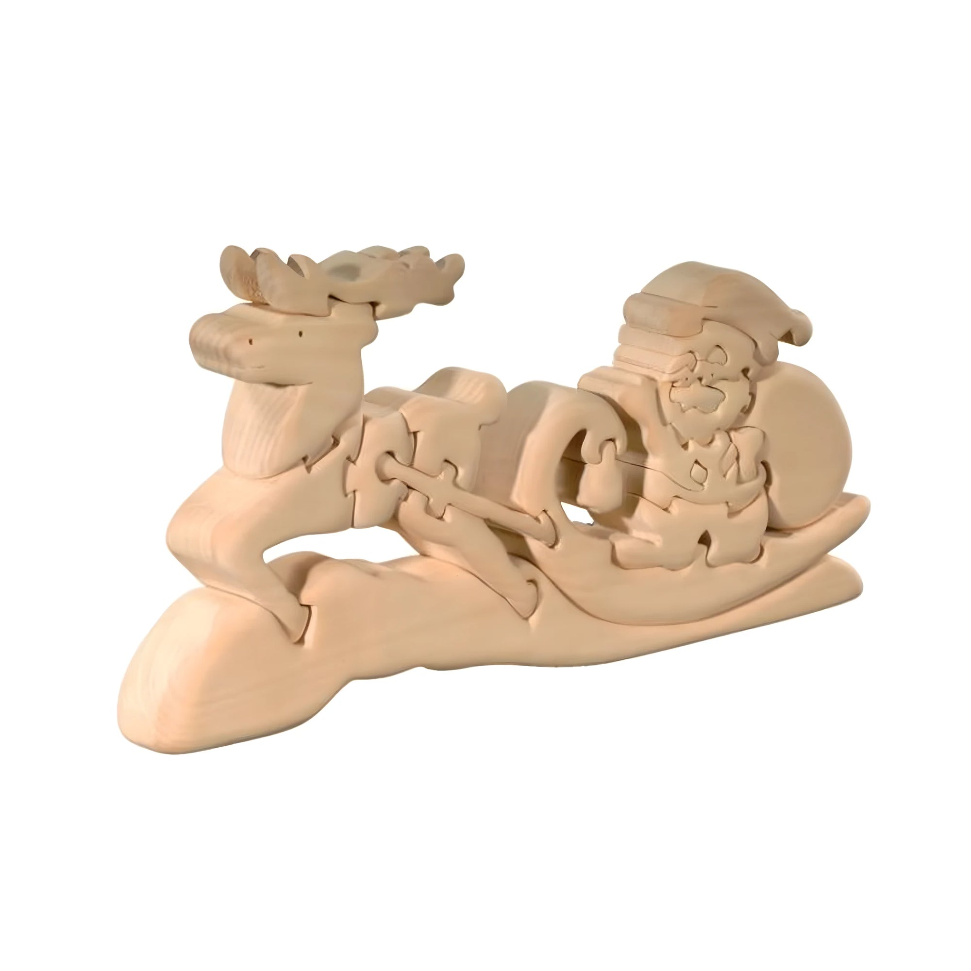 Santa Claus with Sleigh and Reindeer: Interlocking Sculpture in Natural Wood Val Gardena