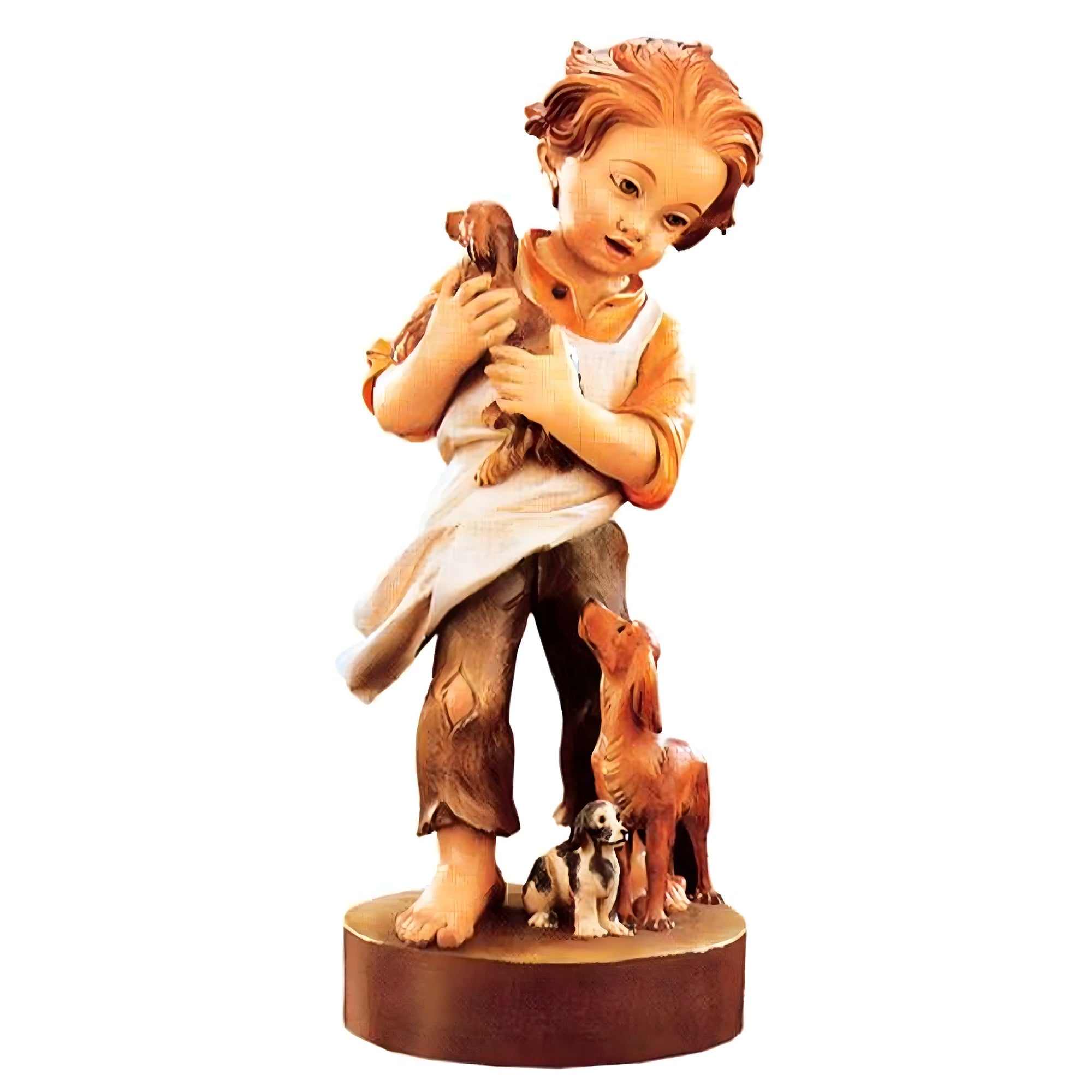 Kid with Puppies: Handcrafted Wood Sculpture Val Gardena