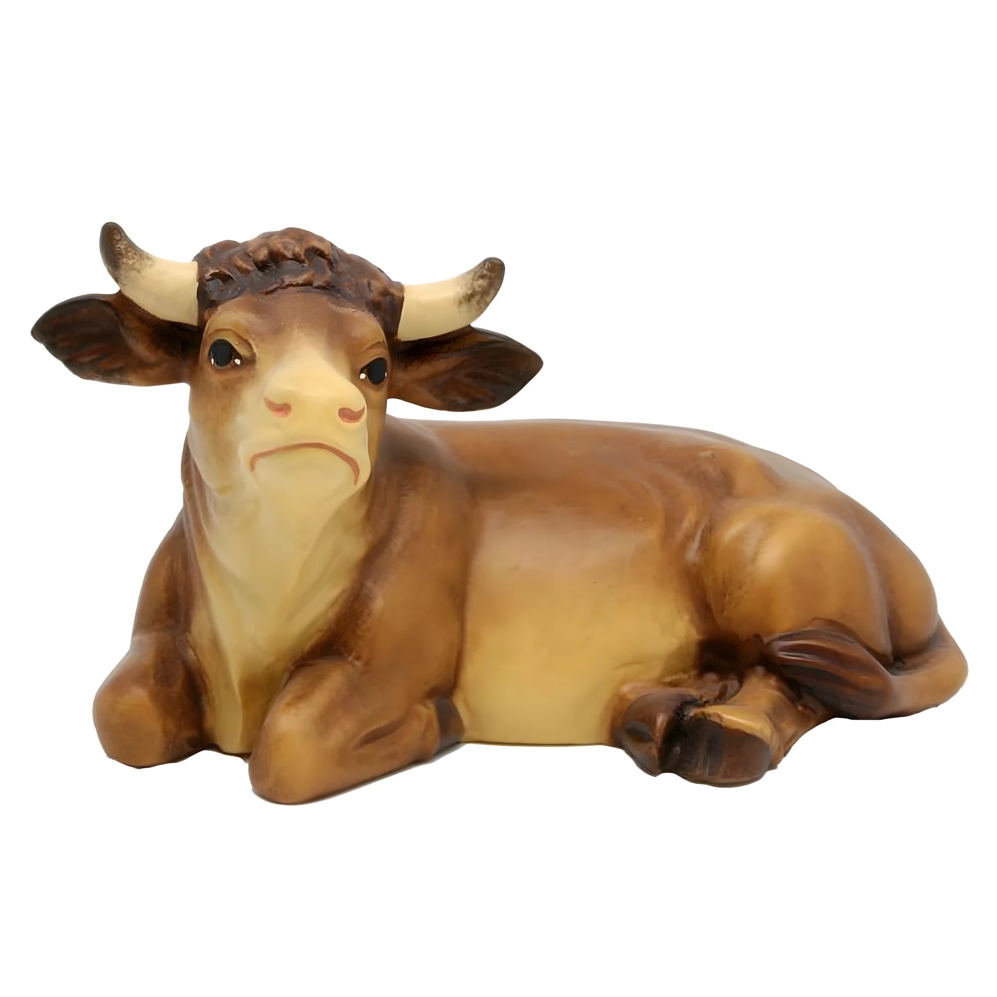 Painted Wood Lying Ox - Val Gardena Artisan Sculpture