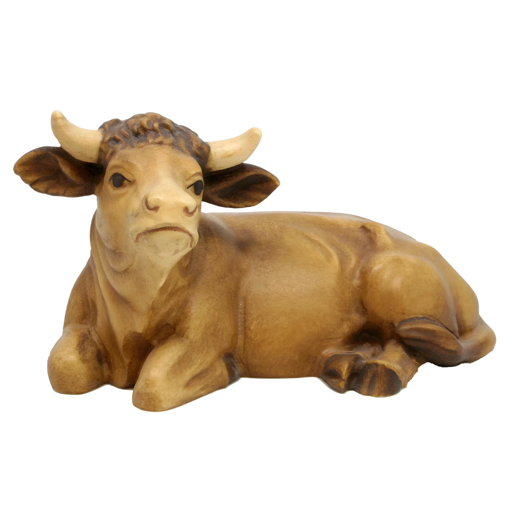 Bœuf Couché en Bois Peint - Sculpture Artisanale Val Gardena