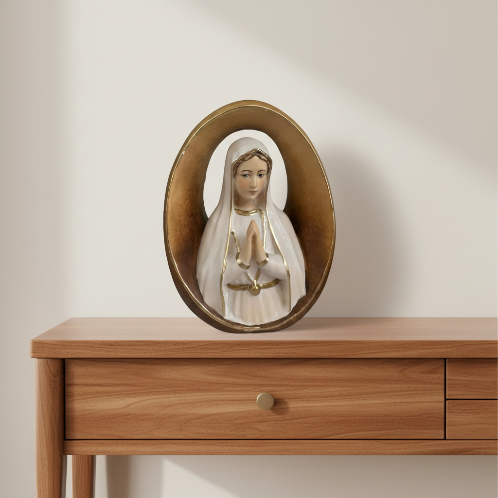 Madonna of Fátima Bust in Relief, Gardena Valley Wood