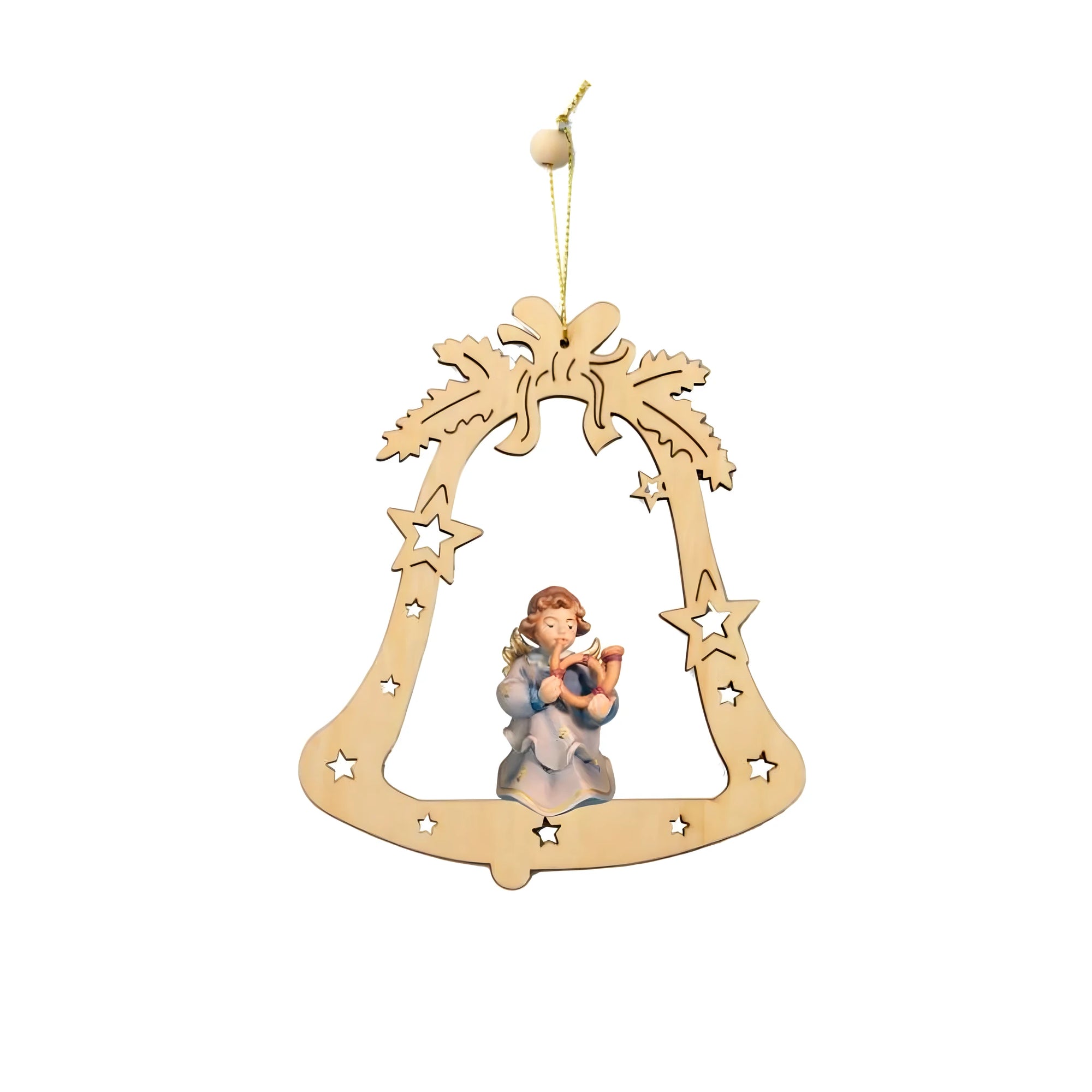 Cloche Artisanale avec Ange Musicien en bois d'érable du Val Gardena