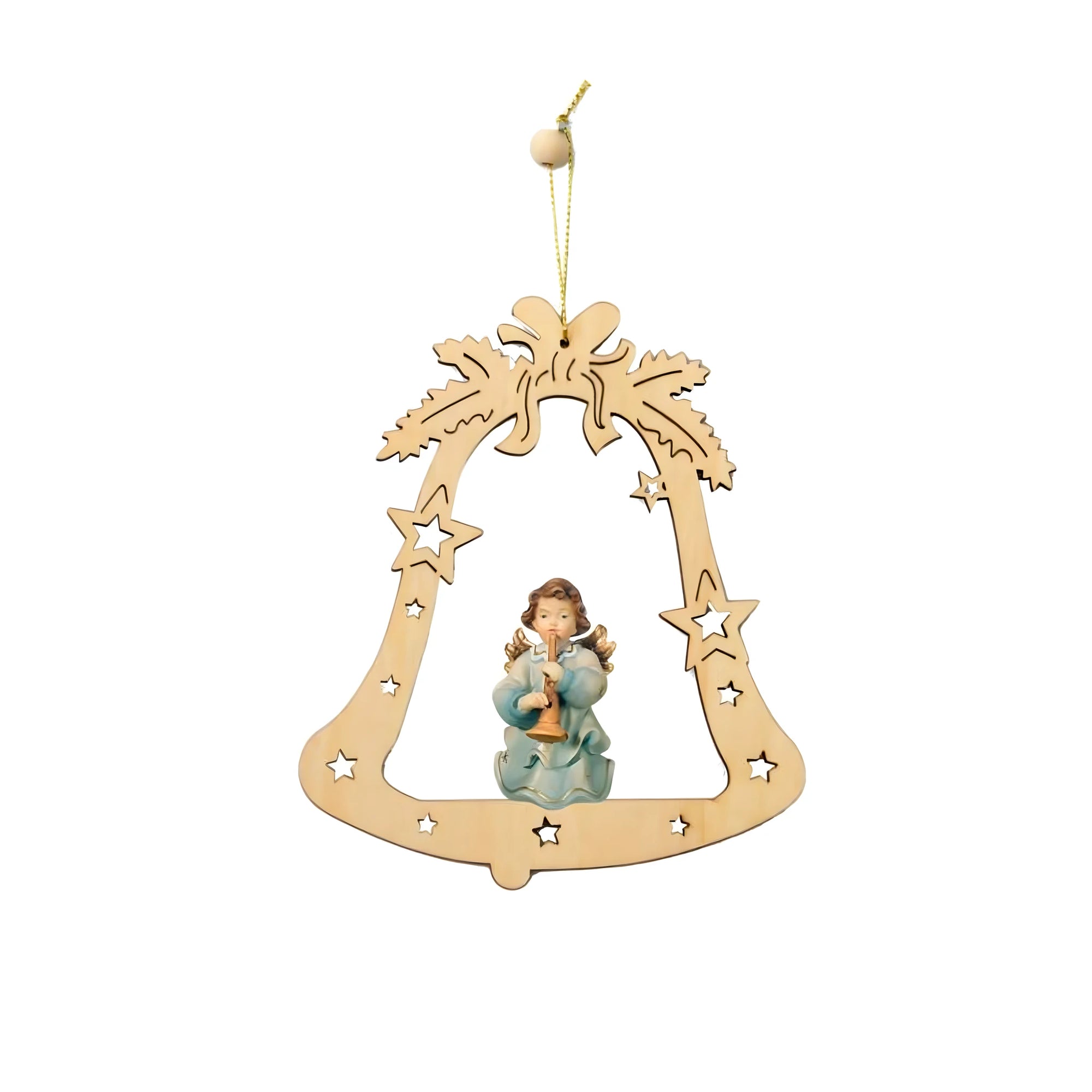 Cloche en Bois Faite à la Main avec Ange Musicien du Val Gardena