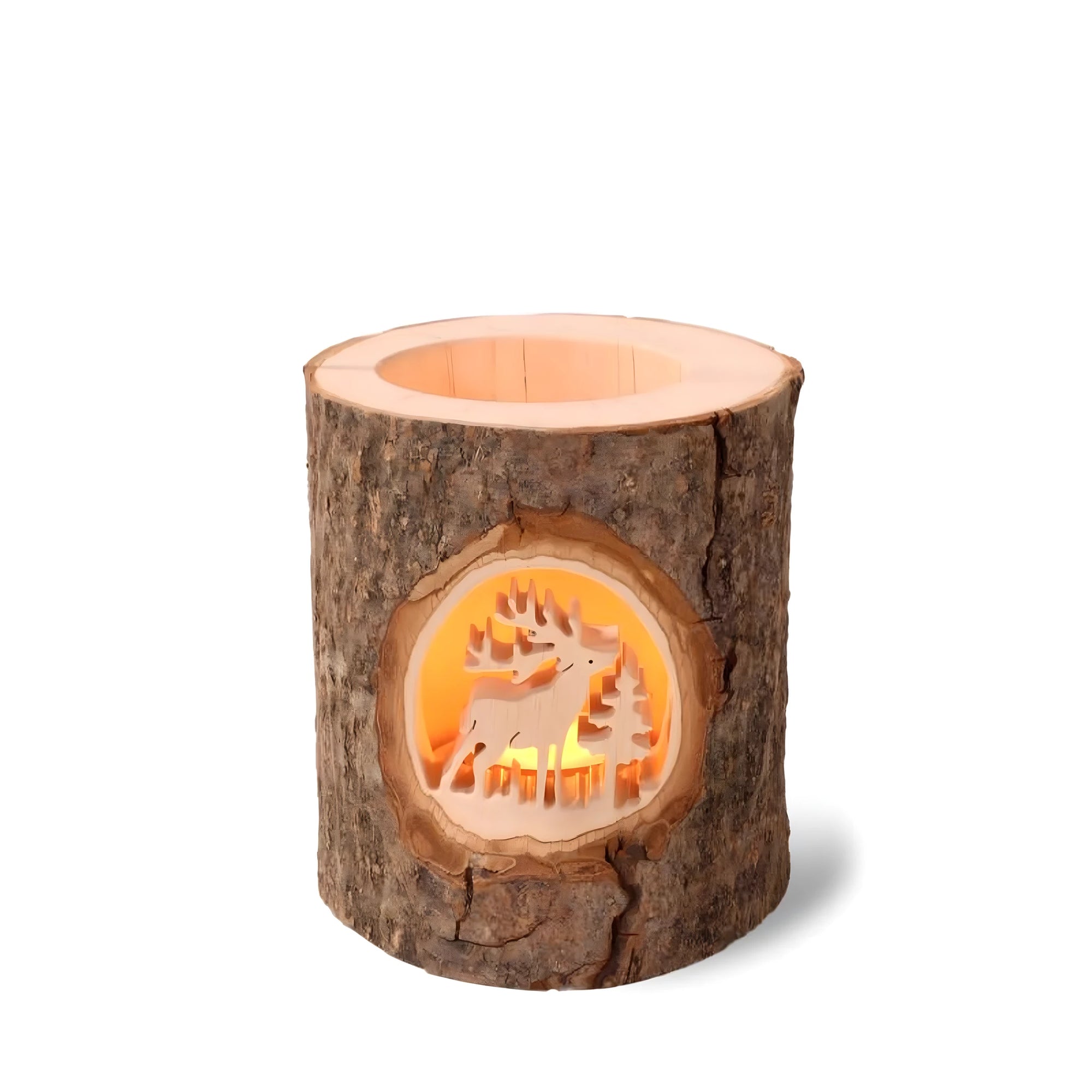 Carved Natural Log Candle Holder: Reindeer in Alpine Landscape