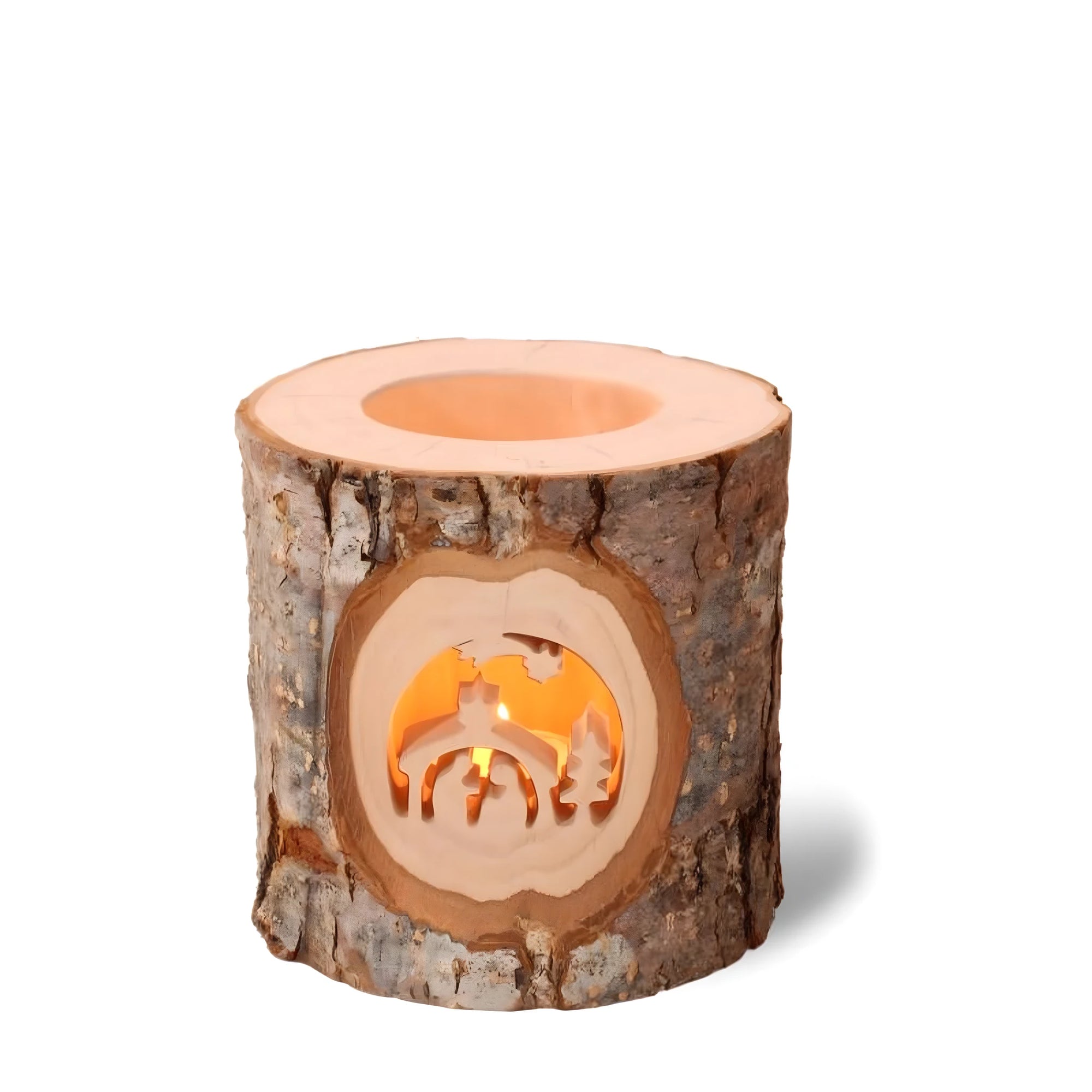 Carved Wooden Log Candle Holder | Forest and Deer Scene