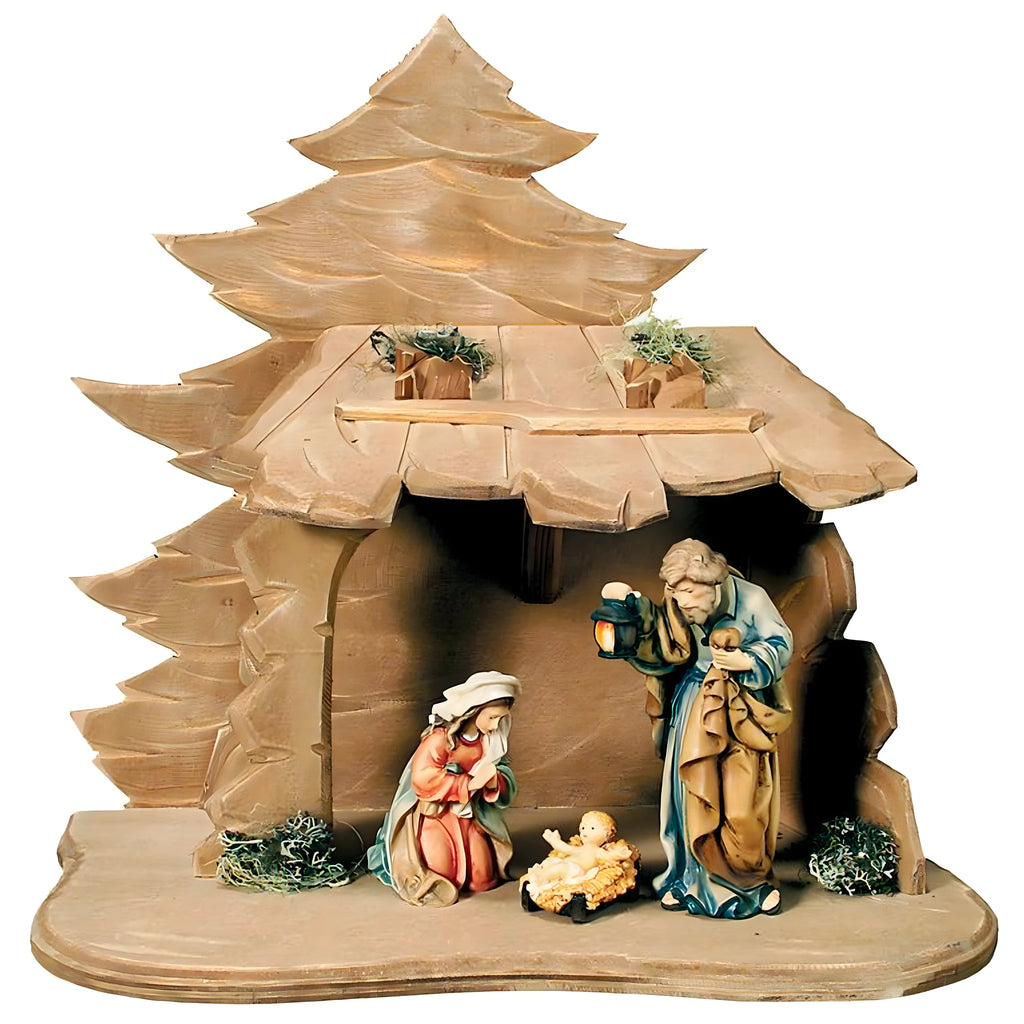 Handmade Hut with Holy Family – Val Gardena Wooden Nativity Scene