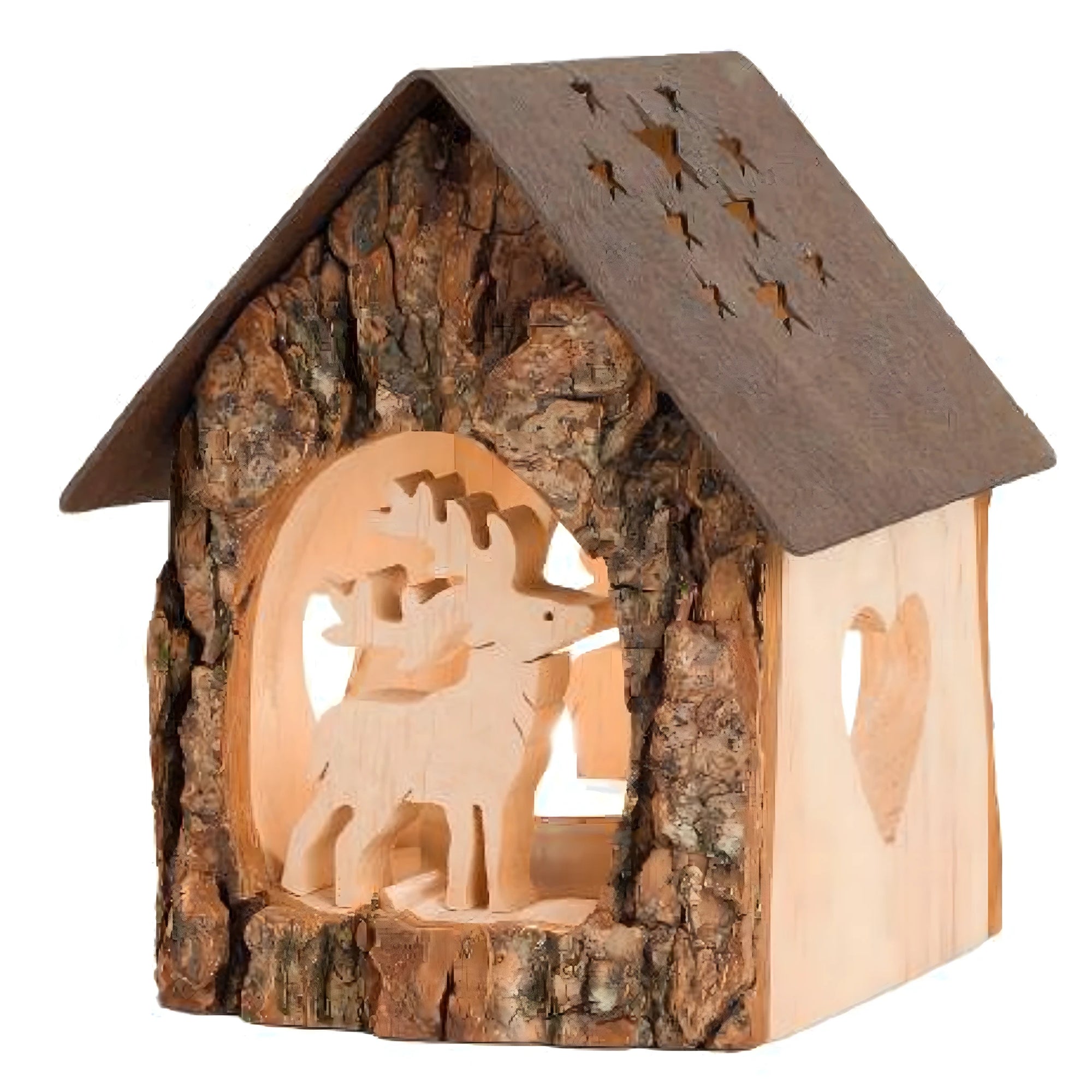 Decorative Wooden and Bark Cabin with Deer Scene | Val Gardena Crafts