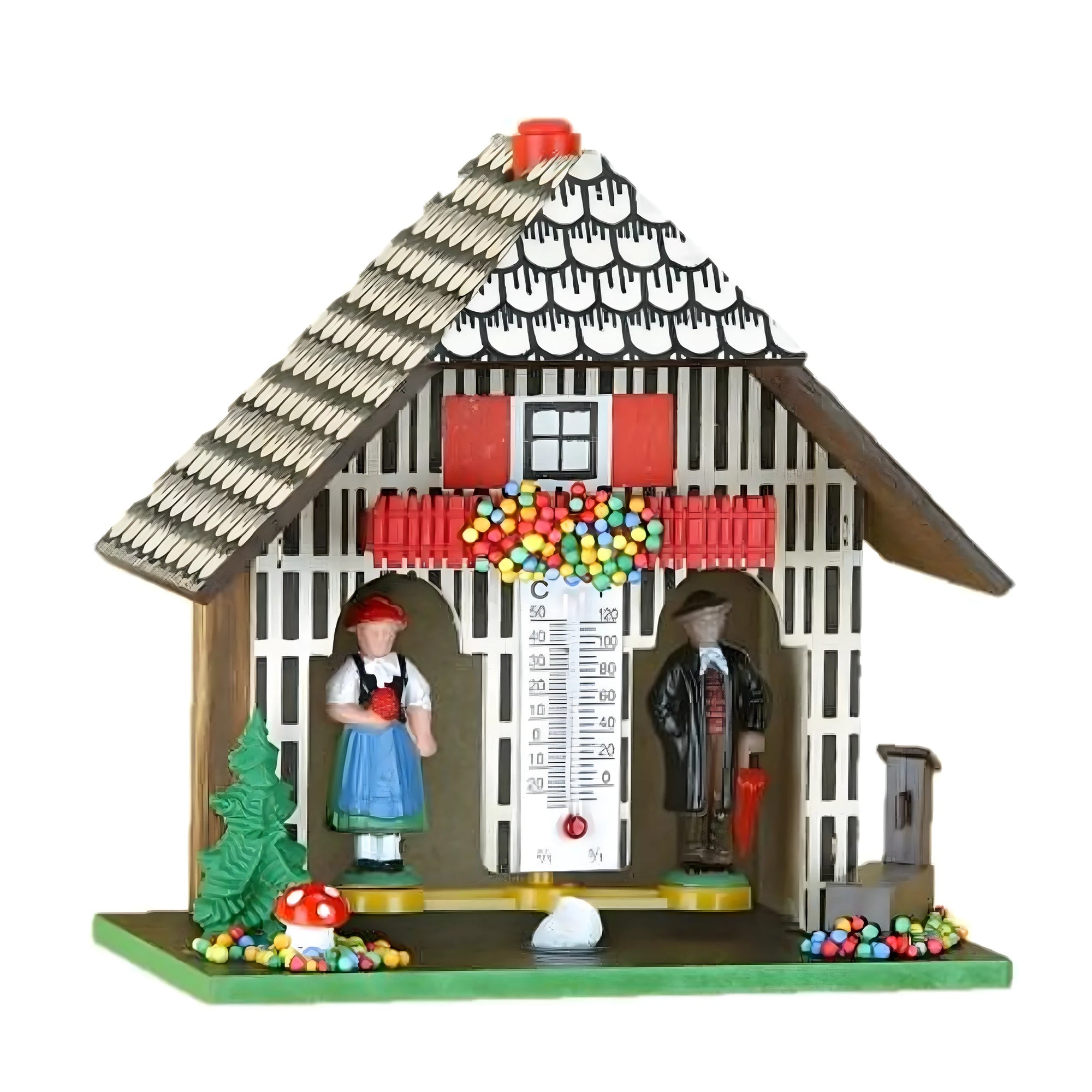 Alpine Wooden Weather House with Thermometer and Couple in Traditional Costume