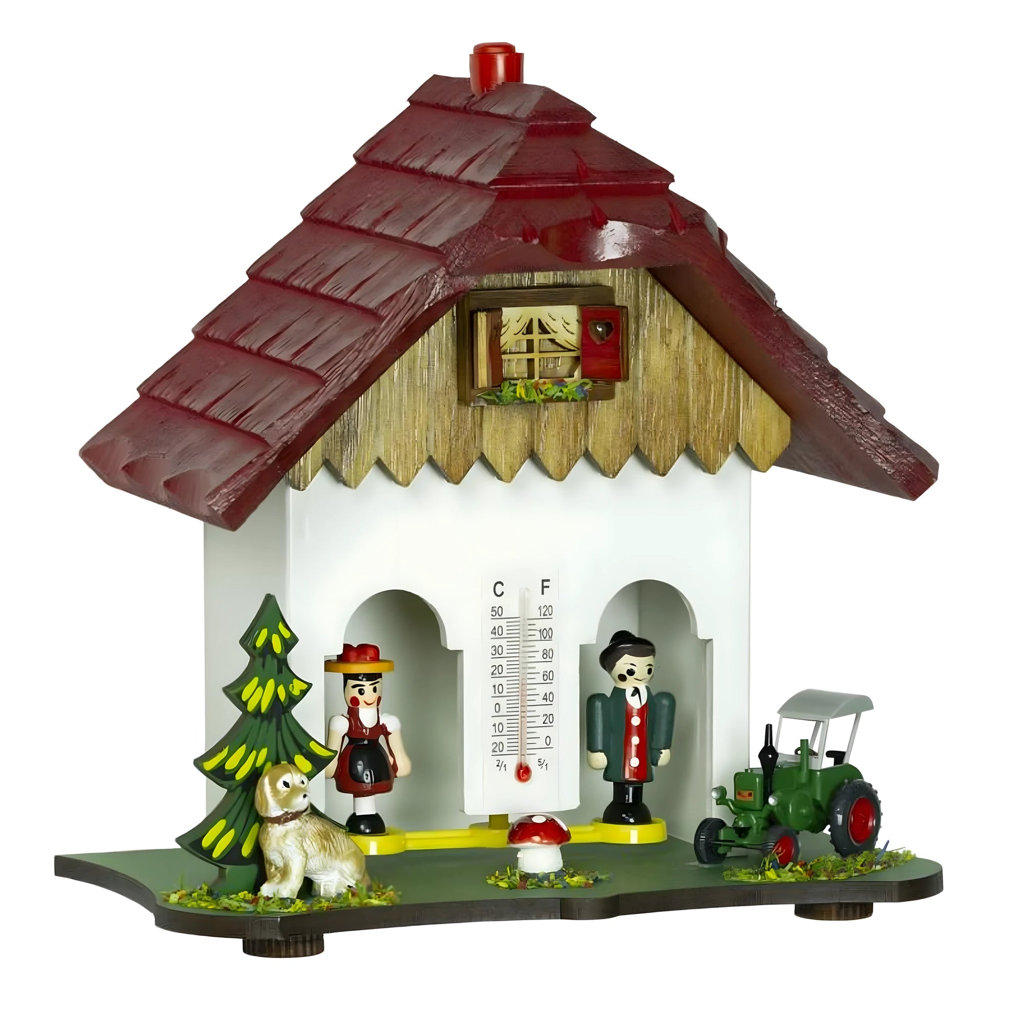 Bemaltes Zeithaus aus Holz: Alpenbarometer mit ländlicher Szene