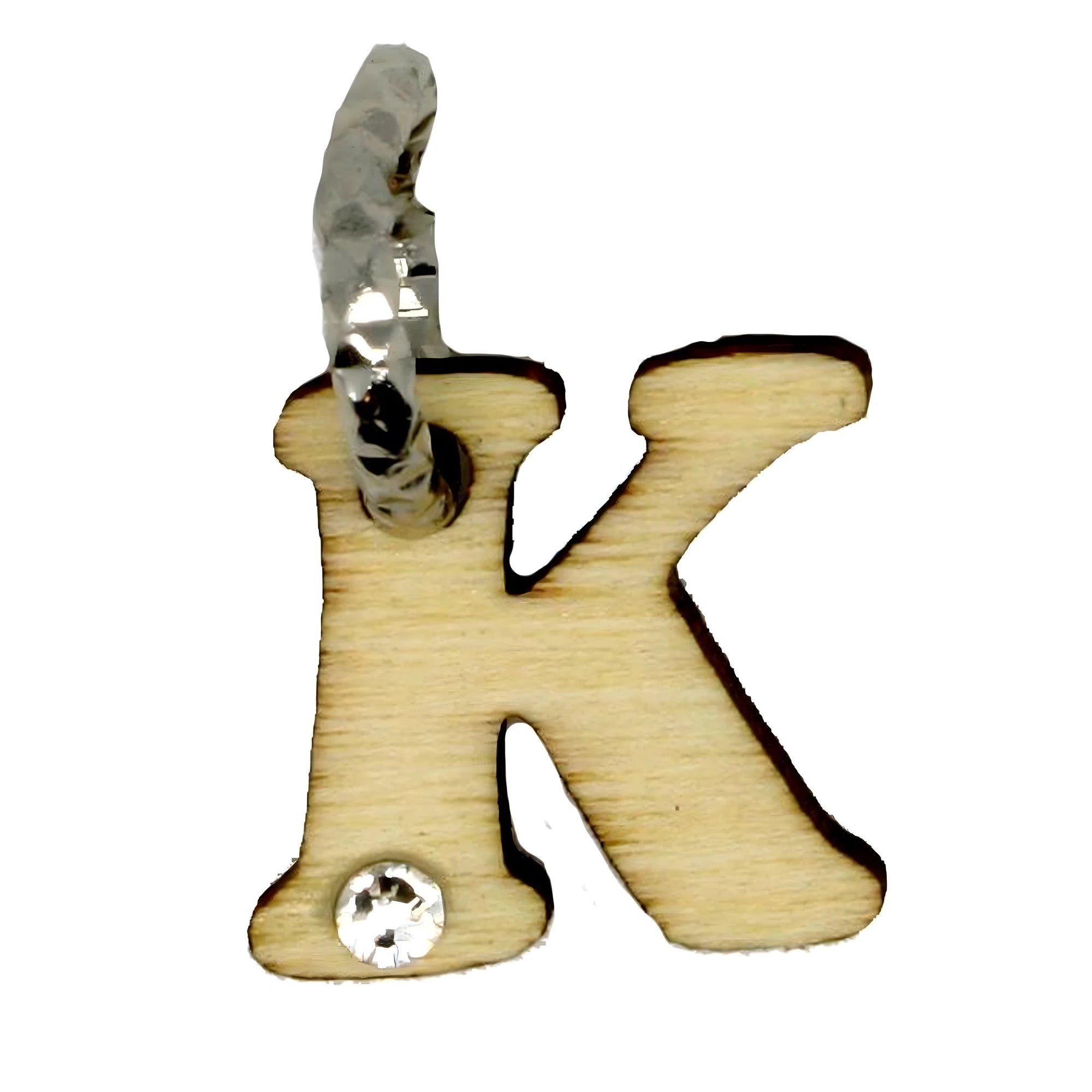 Carved Wooden "K" Initial Charm with Crystal | Val Gardena Personalized Pendant set of 6