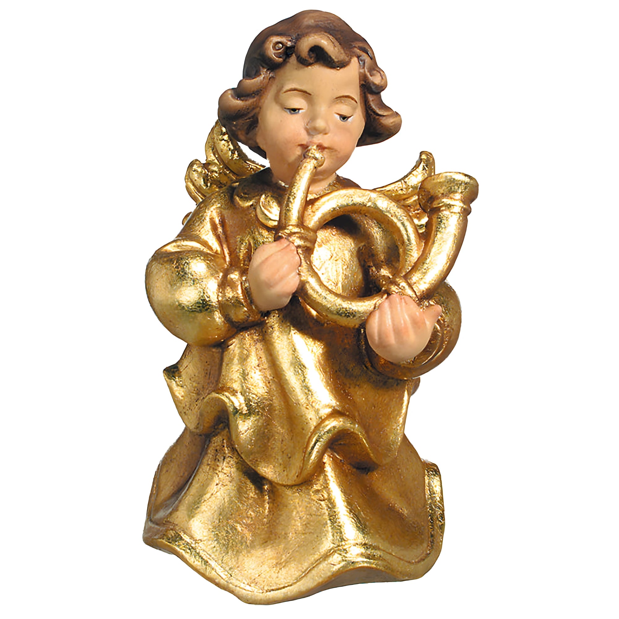 Musician Cherub with Horn in Val Gardena Maple Wood