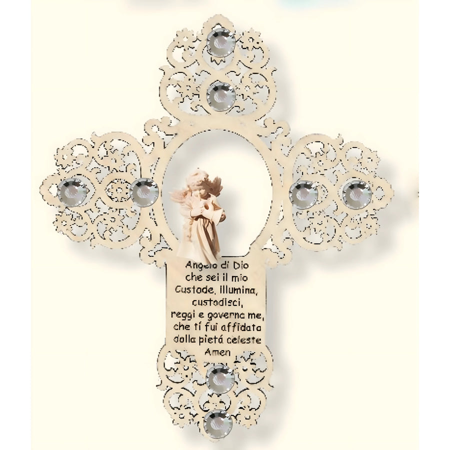 Guardian Angel Cross in Maple Wood and Crystals for Baptism Gift