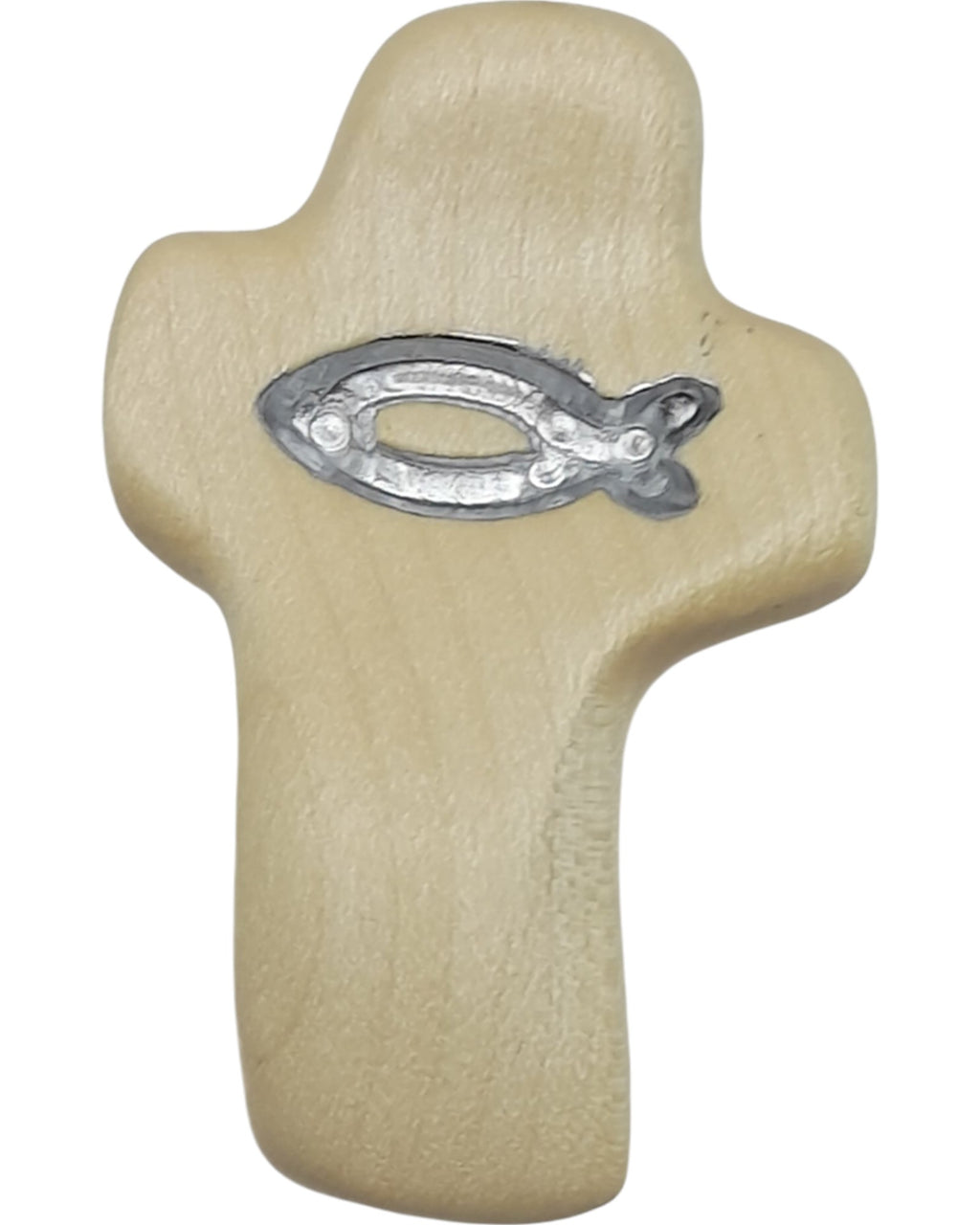 Croix en bois avec poisson – Souvenir de baptême artisanal