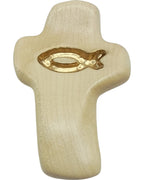 Croix en bois avec poisson – Souvenir de baptême artisanal