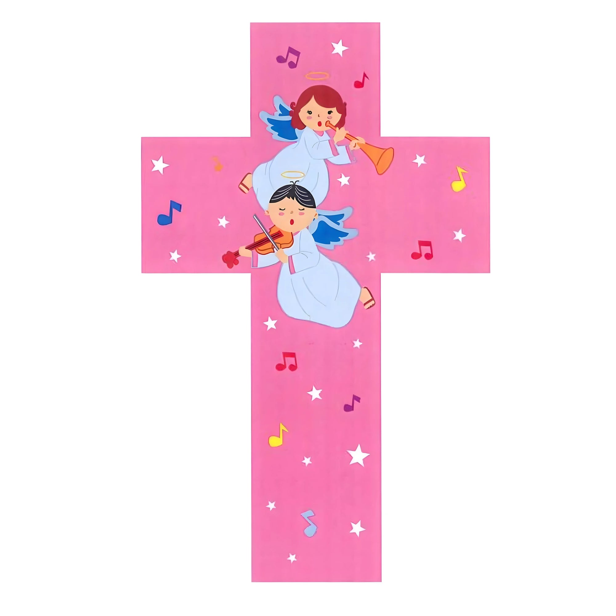 Krzyż z drewna klonowego z Aniołami Muzykującymi dla Dziecka | 15 cm