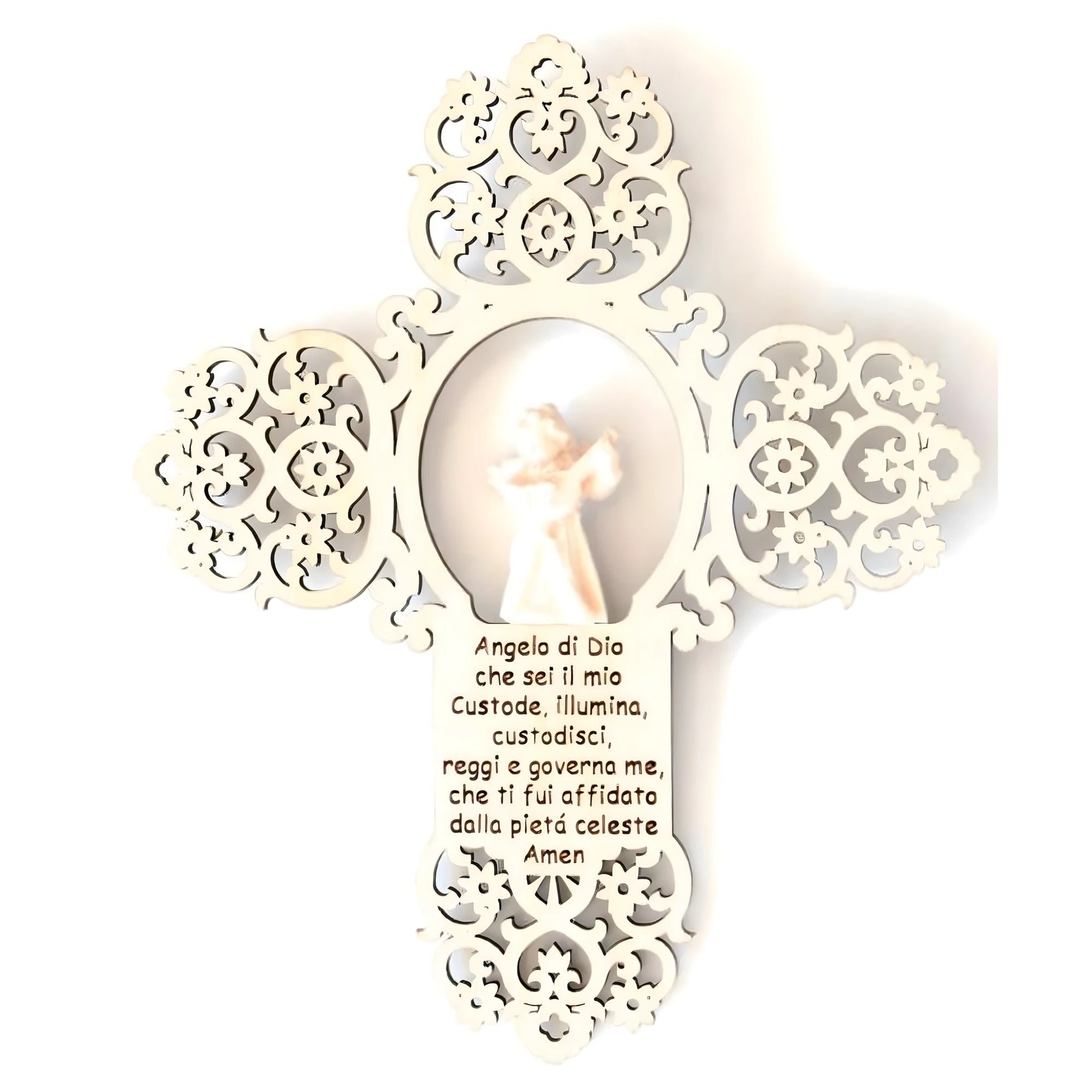 Guardian Angel Carved Crucifix with Engraved Prayer | Val Gardena