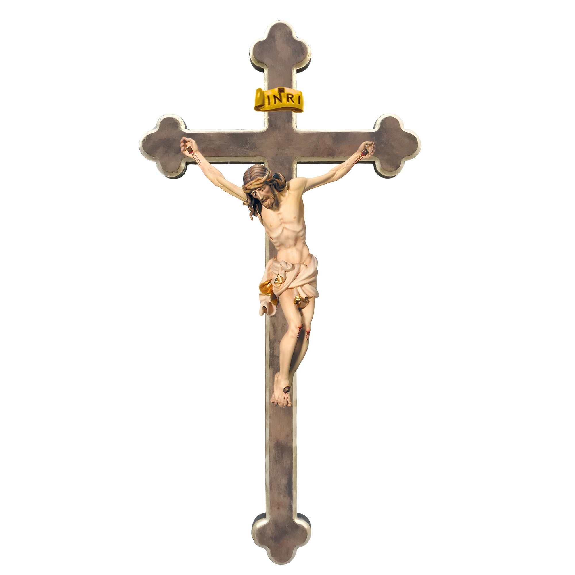 Maple Wooden Crucifix on Baroque Cross, Oil Painted