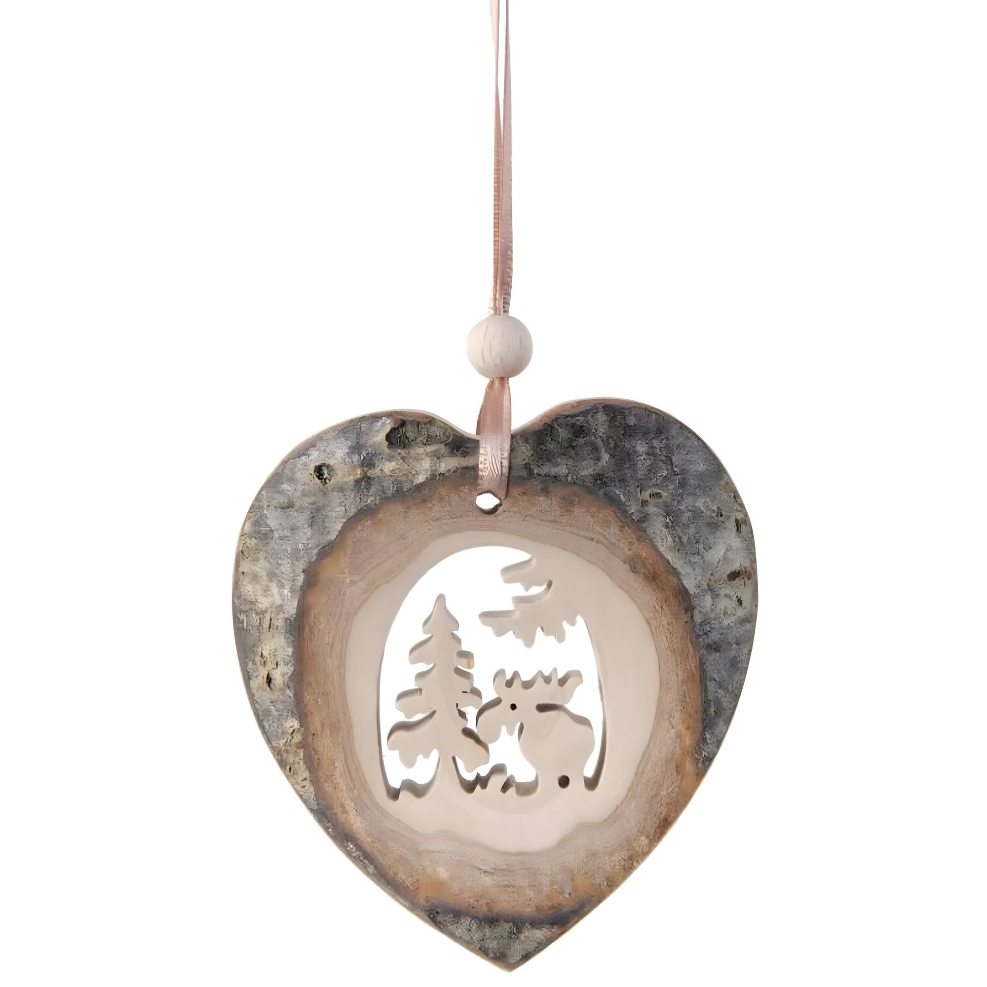 Cuore Alpino in Legno Naturale con Intaglio Scena Alce e Abeti