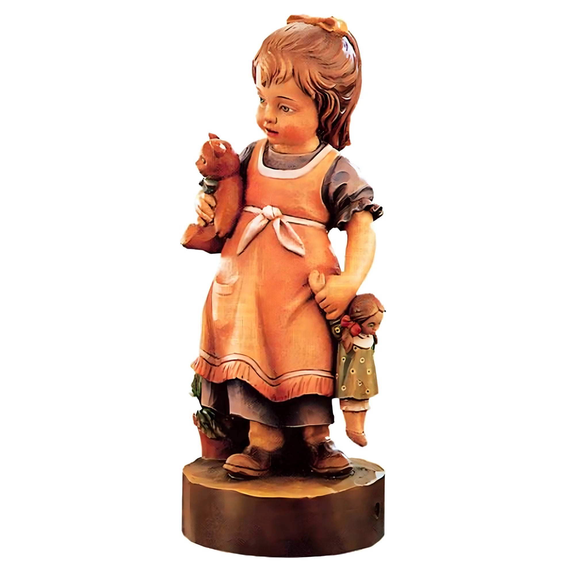Sweet Wooden Sculpture "Girl with Teddy Bear and Doll" | Val Gardena