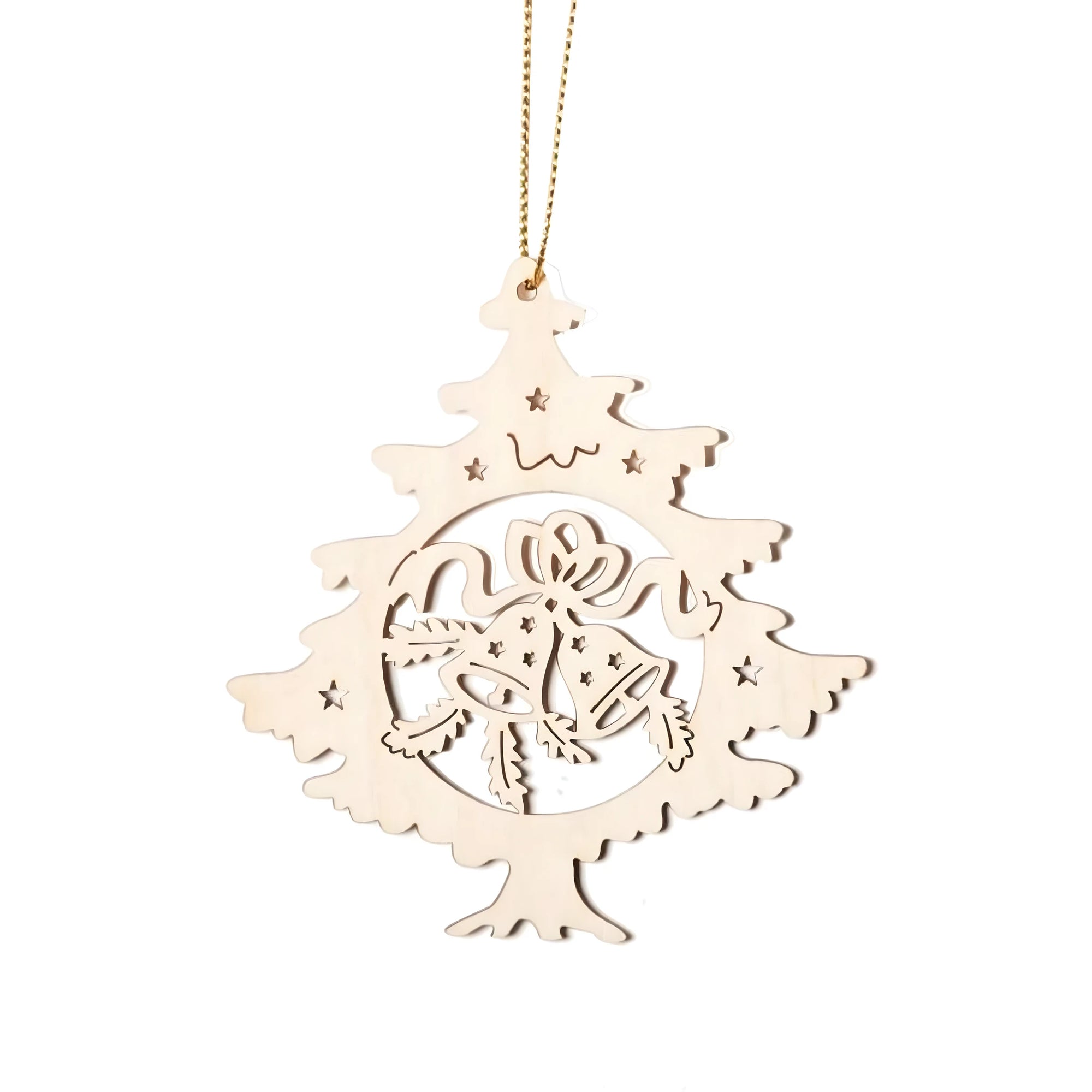 Elegant Natural Wood Christmas Tree Ornament with Bells and Stars