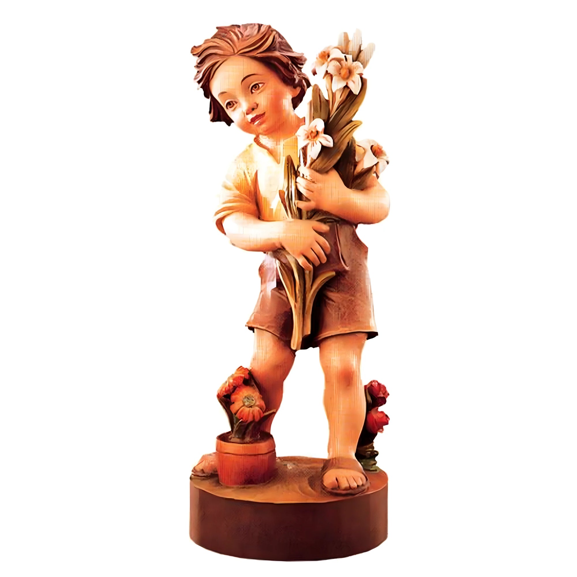 Dziecko z Bukietem Kwiatów – Ręcznie Rzeźbiona Figura z Drewna – Val Gardena