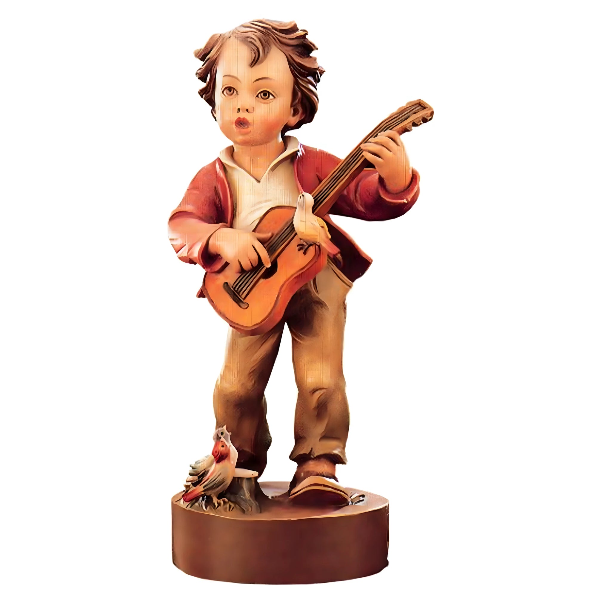 Fanciullo con chitarra e uccelli - Scultura in legno della Val Gardena