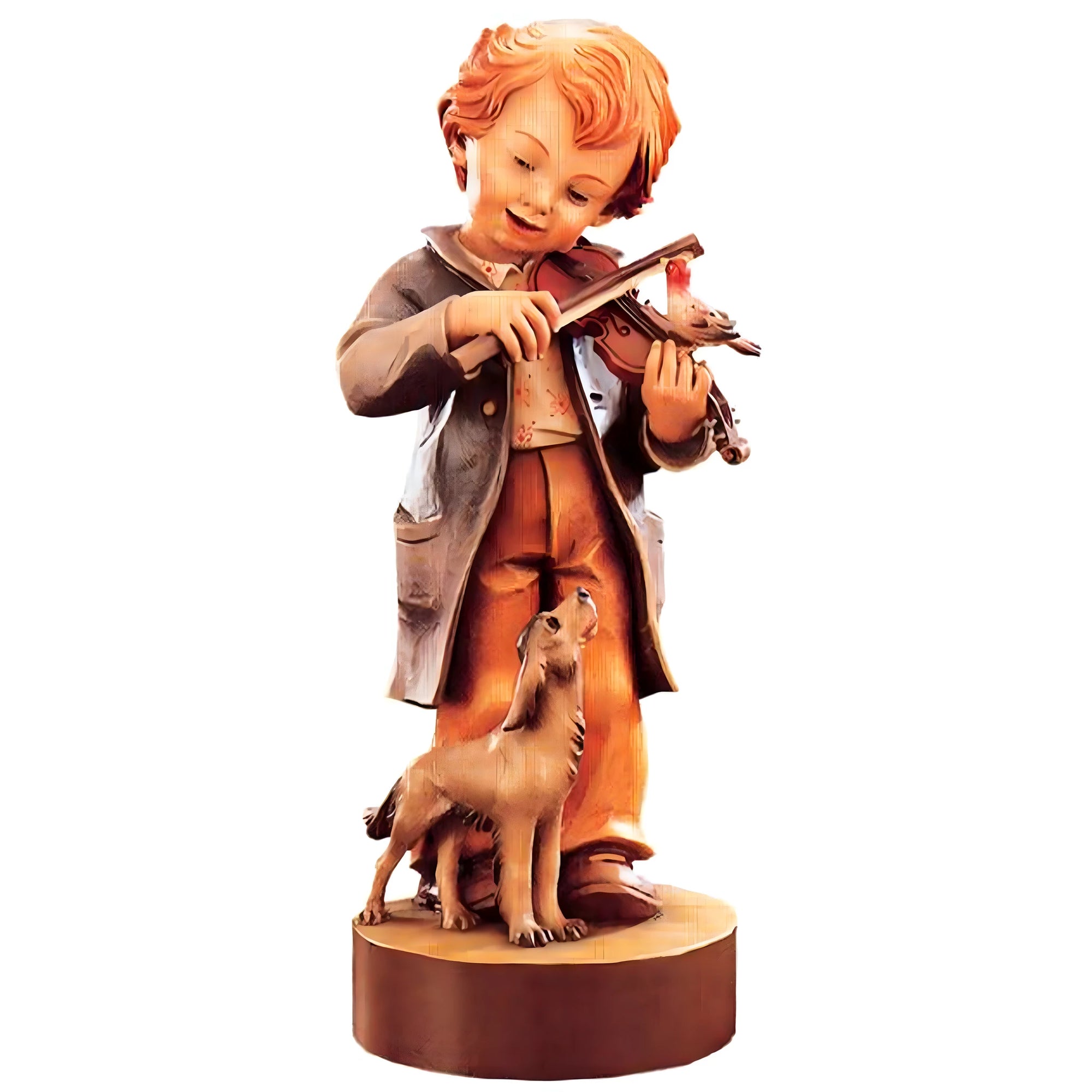 Giovane Violinista con Cane: Scultura in Legno Dipinto della Val Gardena