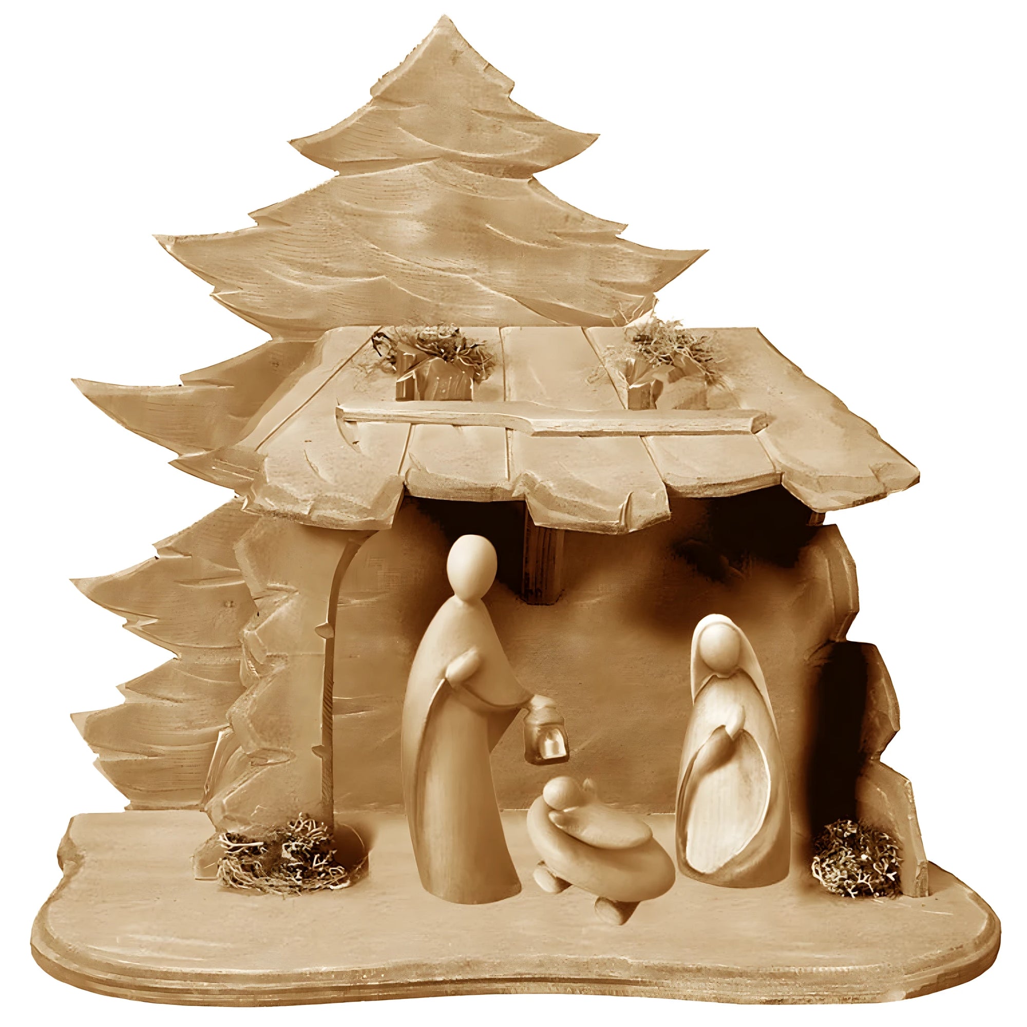 Holy Family with Stable wood carved - color