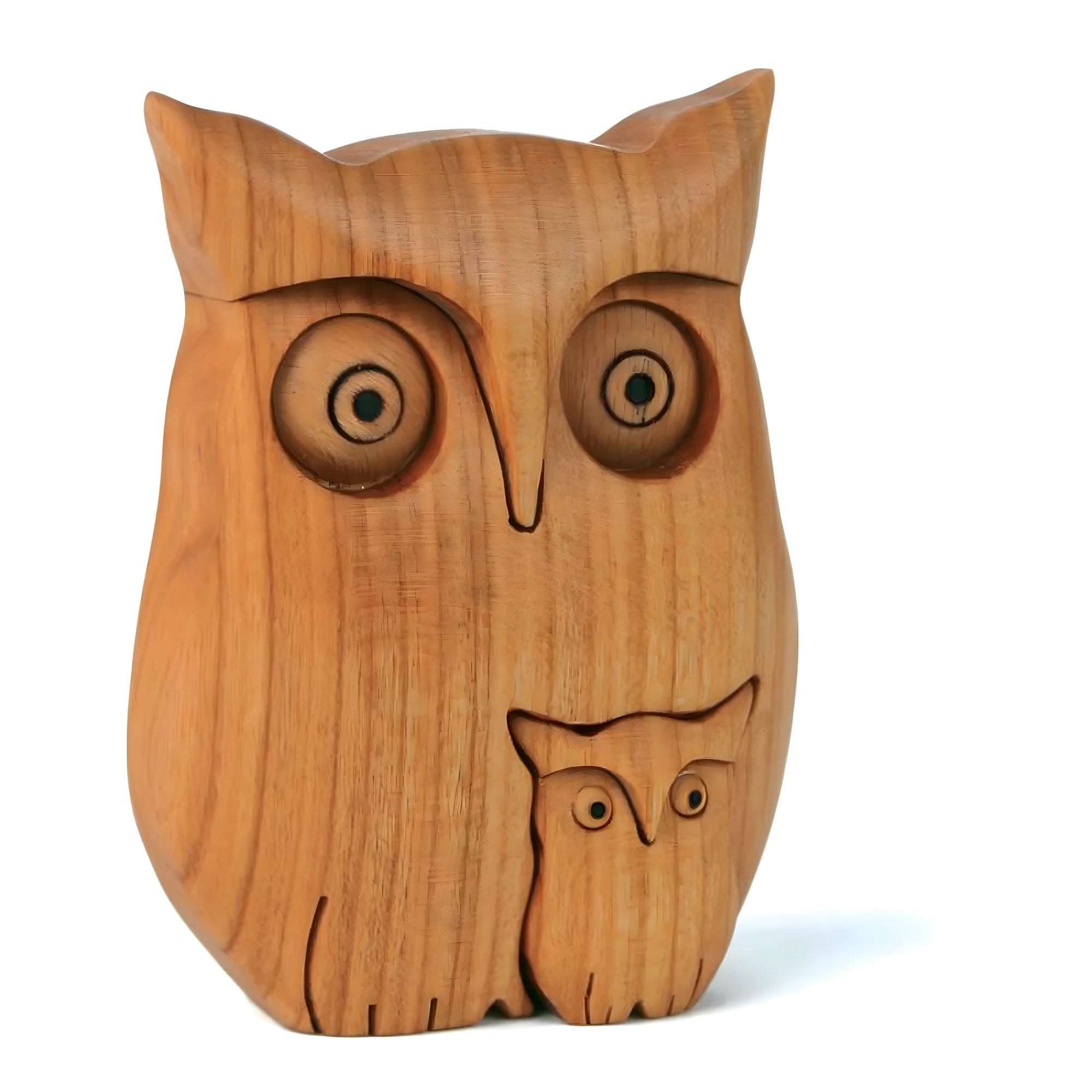 Hibou et bébé hibou : Sculpture artisanale en bois d'érable du Val Gardena | 9 cm