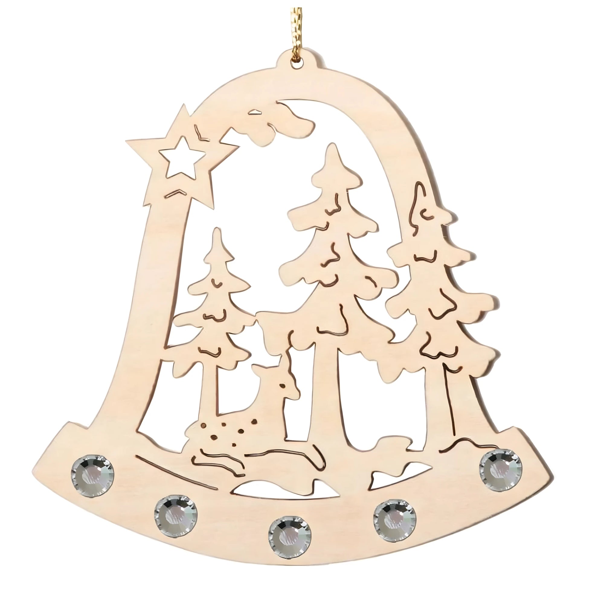 Weihnachtliche Glockenschnitzerei aus Ahornholz mit Hirsch und Kristallen