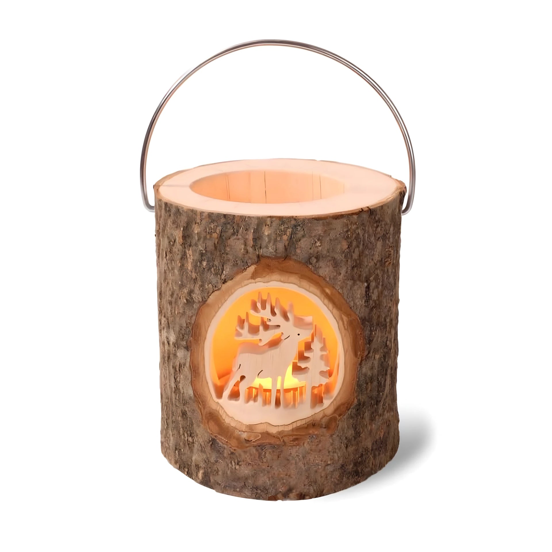 Handmade Woodland Lantern from Natural Trunk with Luminous Elk
