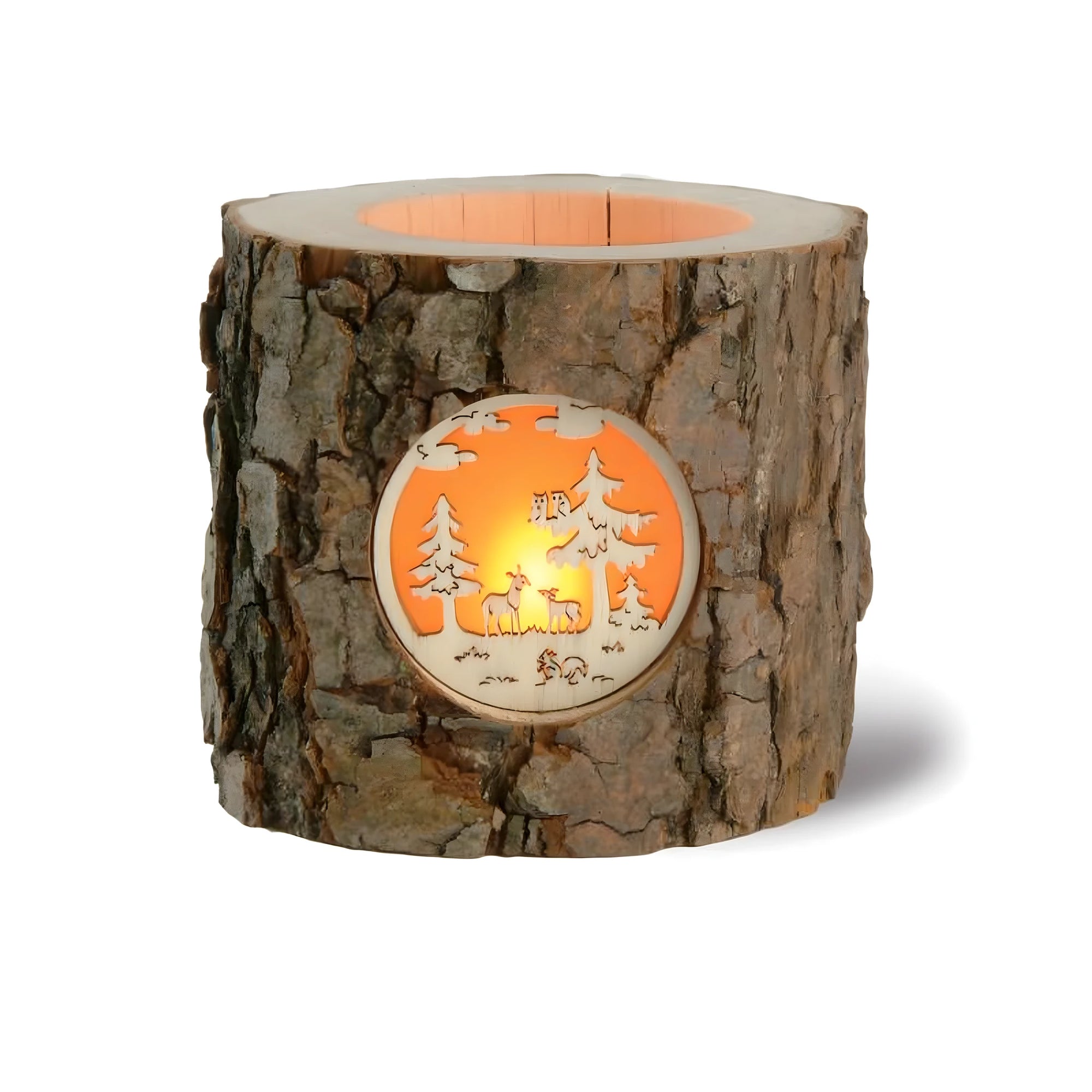 Wooden Candle Holder Lantern from Val Gardena, Forest Scene Carving