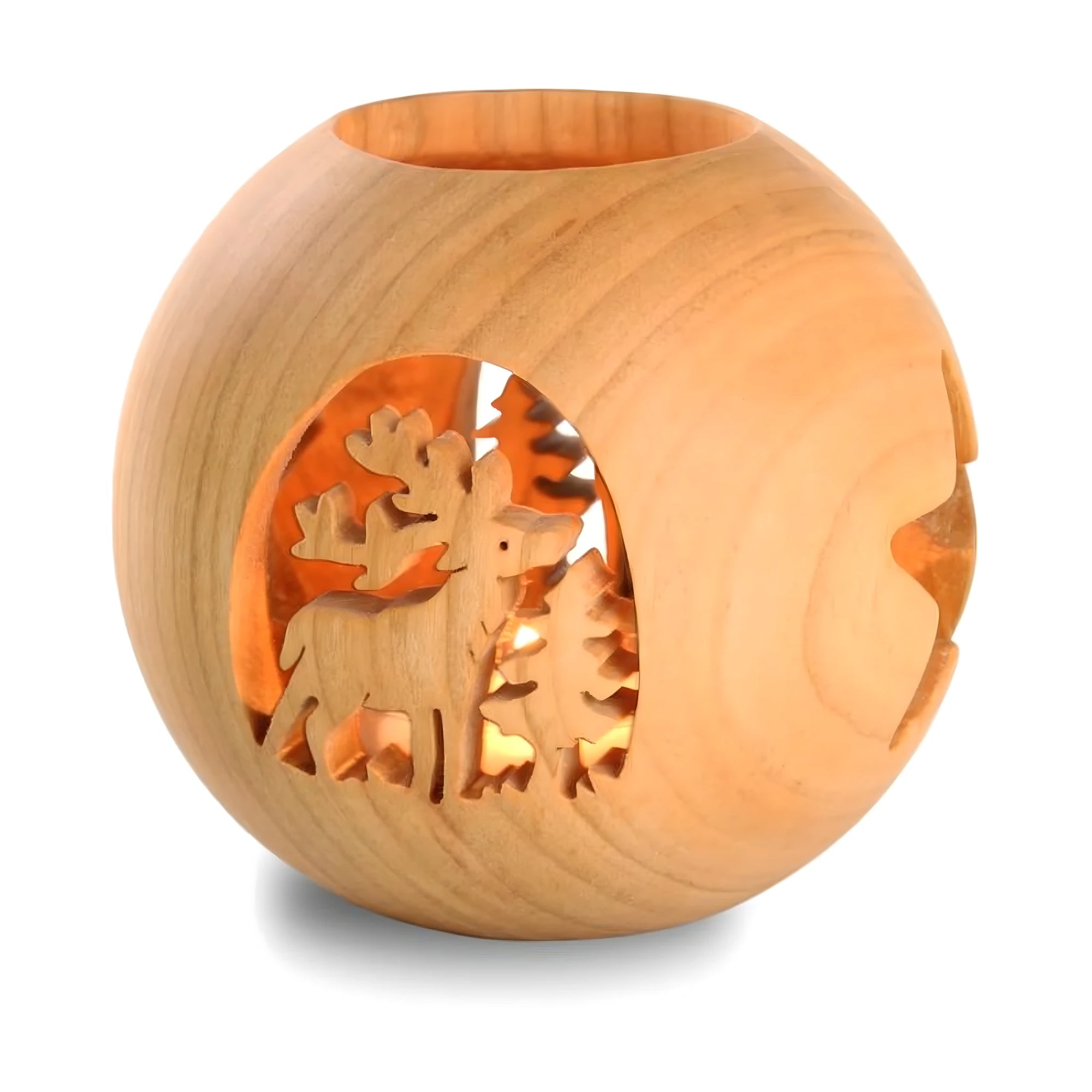 Handcrafted Wooden Sphere Lantern with Forest Scene and Carved Moose