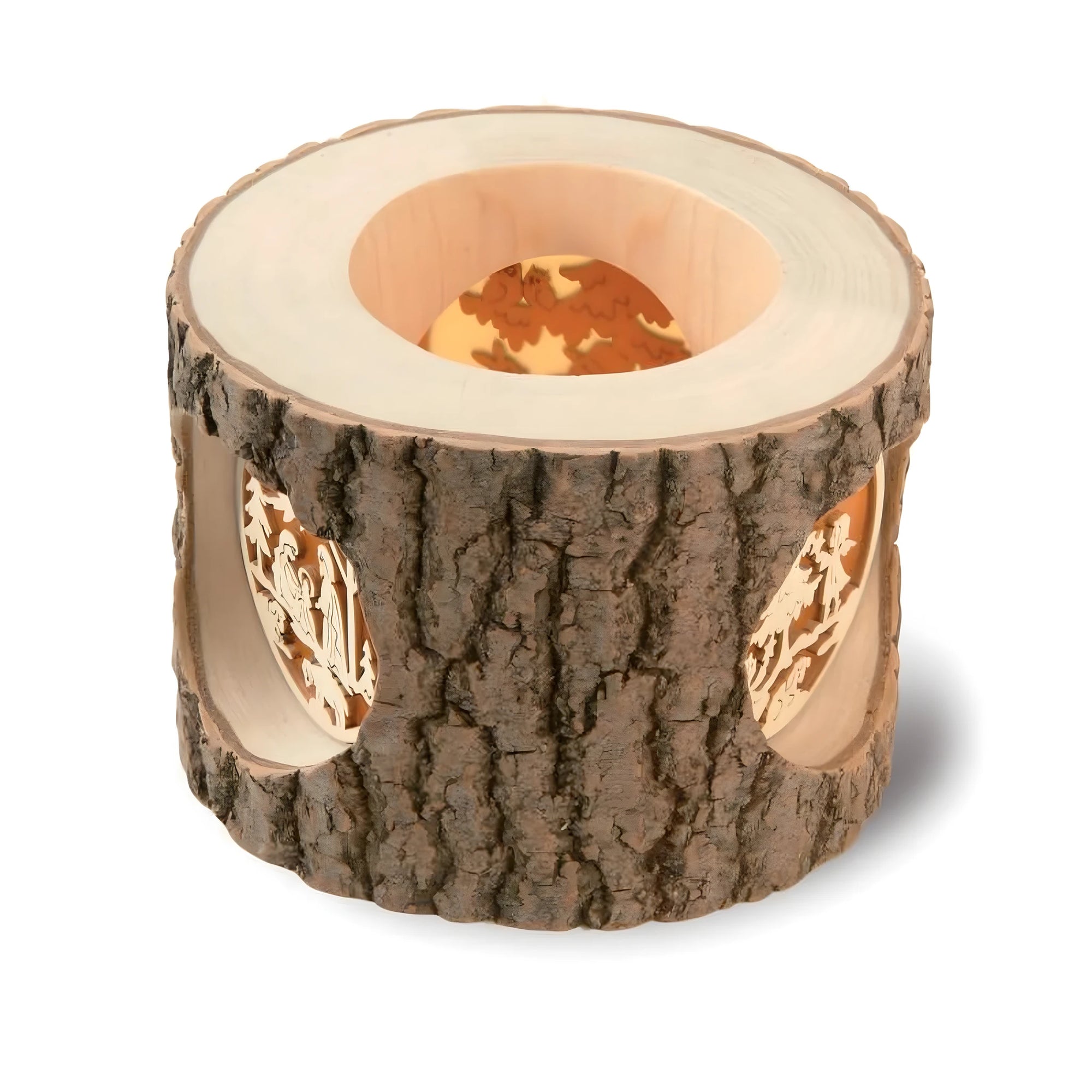 Bark Log Lantern with Carved Nativity Scene | 13 cm