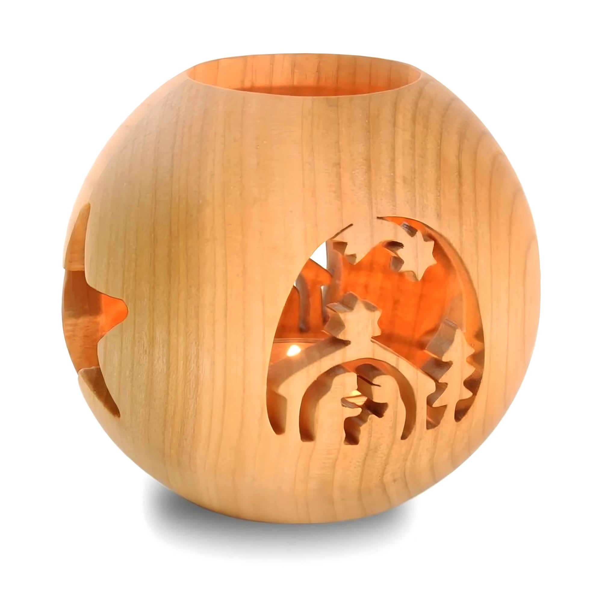 Handmade Sphere Luminaire in Natural Wood – Sacred Nativity Scene
