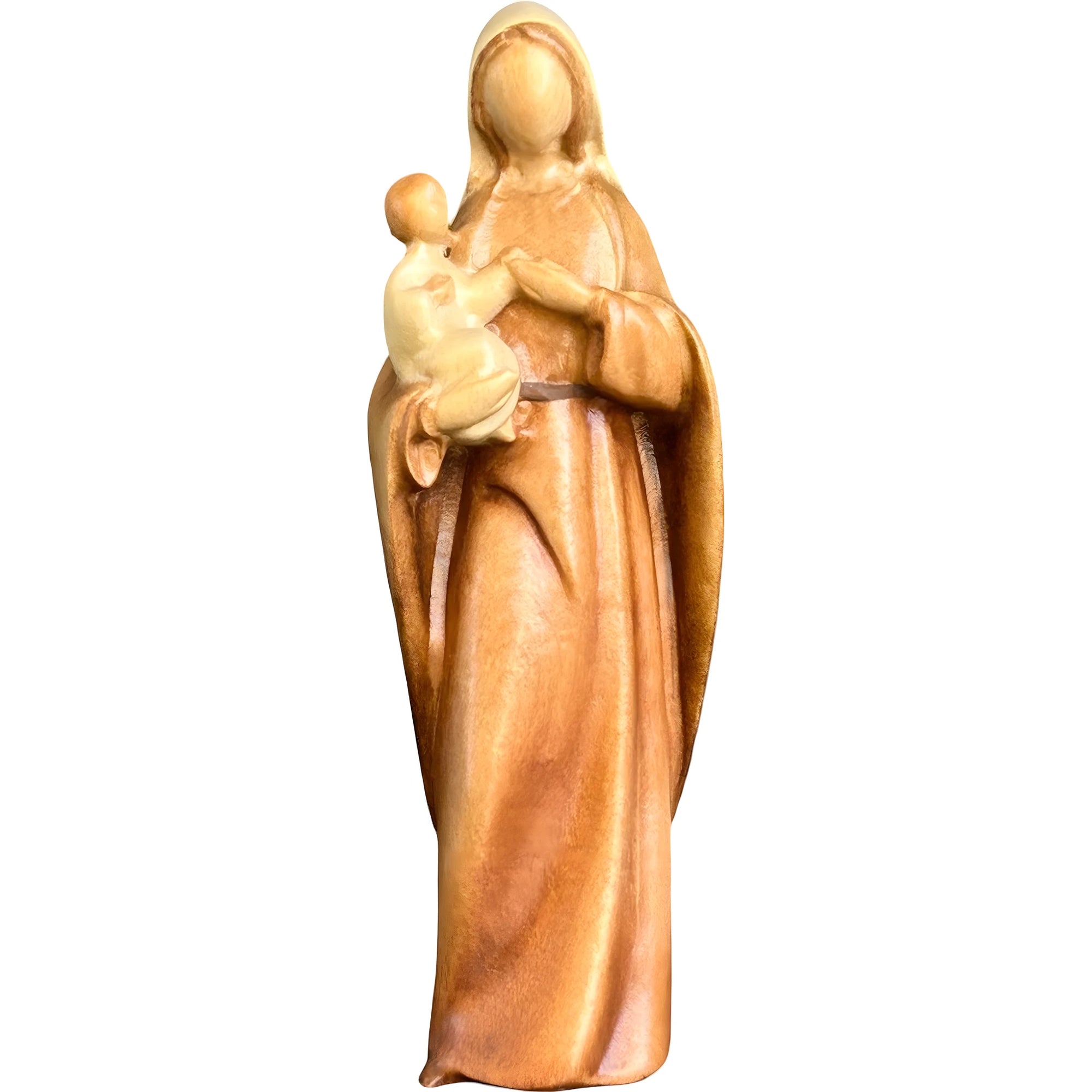 Modern Madonna with Child, Val Gardena Artisanal Wood Sculpture