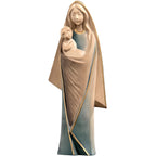 Vierge à l'Enfant Stylisée en Bois : Sculpture Sacrée Val Gardena