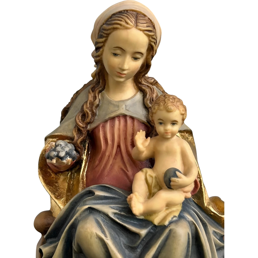 Madonna z Dzieciątkiem na Tronie, Ręcznie Robiona Rzeźba z Drewna Klonowego