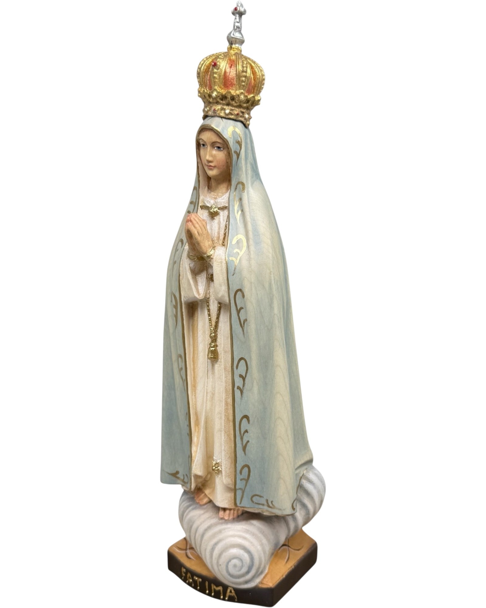 Carved Wooden Pilgrim Statue of Our Lady of Fatima with Gilded Crown