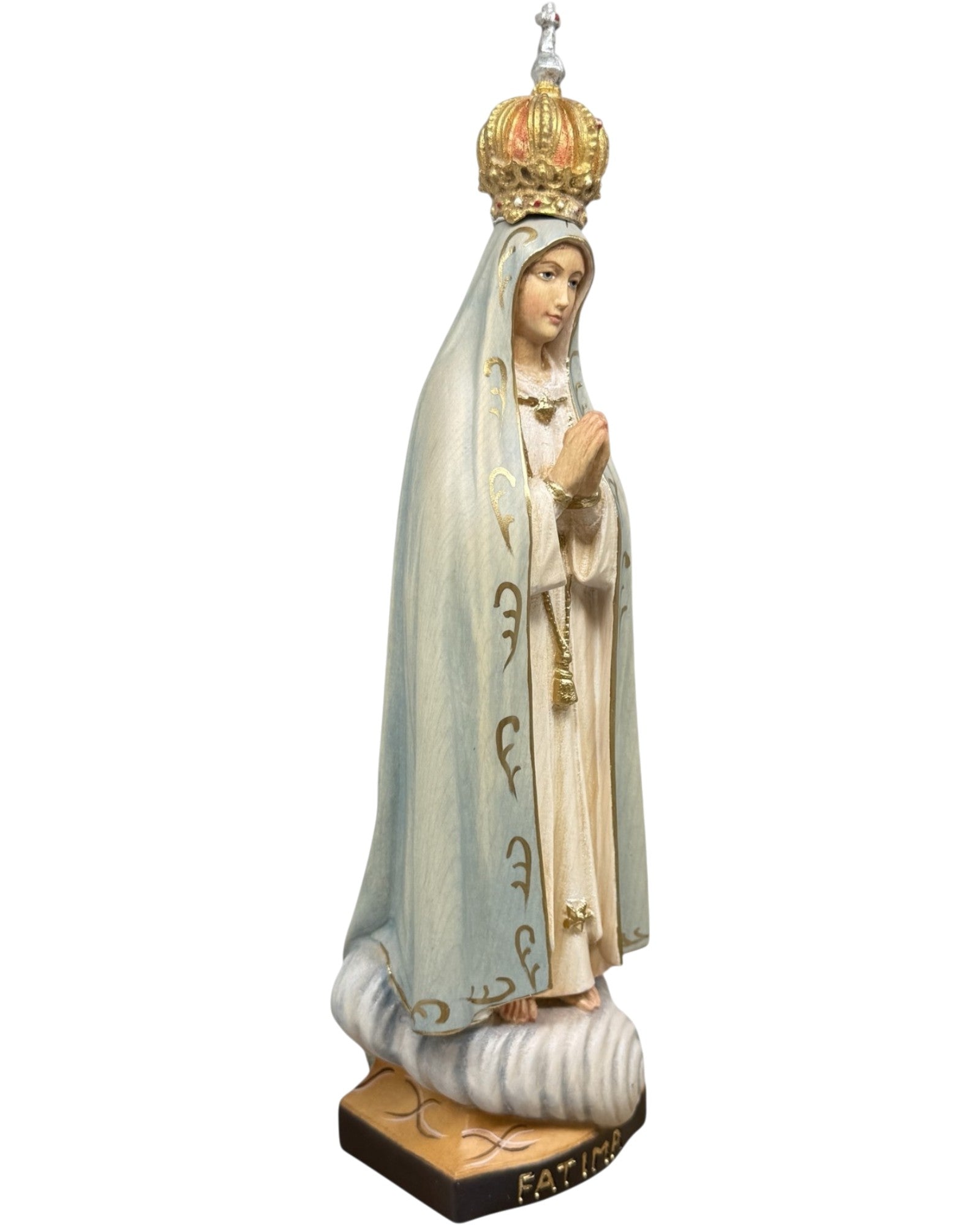 Carved Wooden Pilgrim Statue of Our Lady of Fatima with Gilded Crown