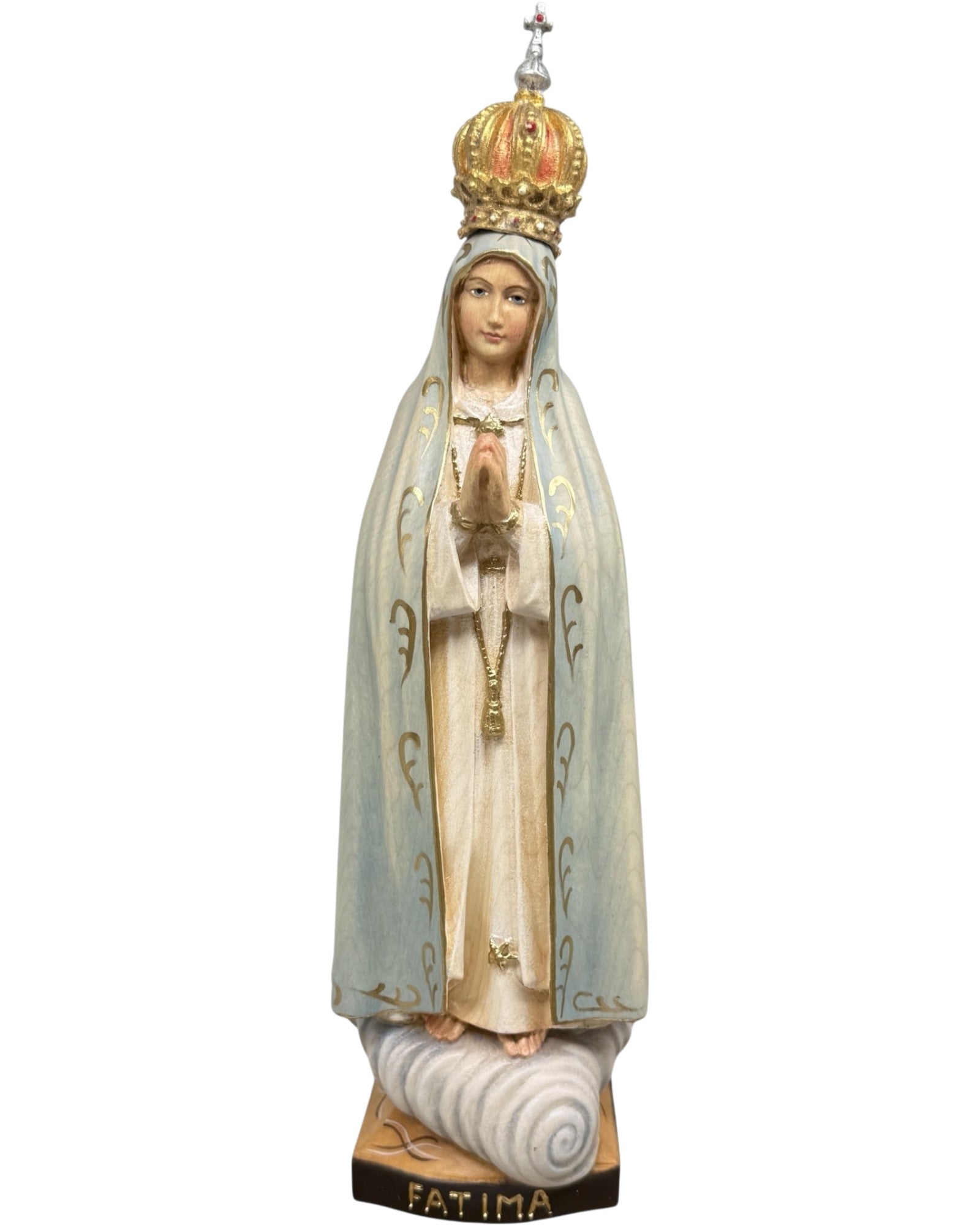 Carved Wooden Pilgrim Statue of Our Lady of Fatima with Gilded Crown