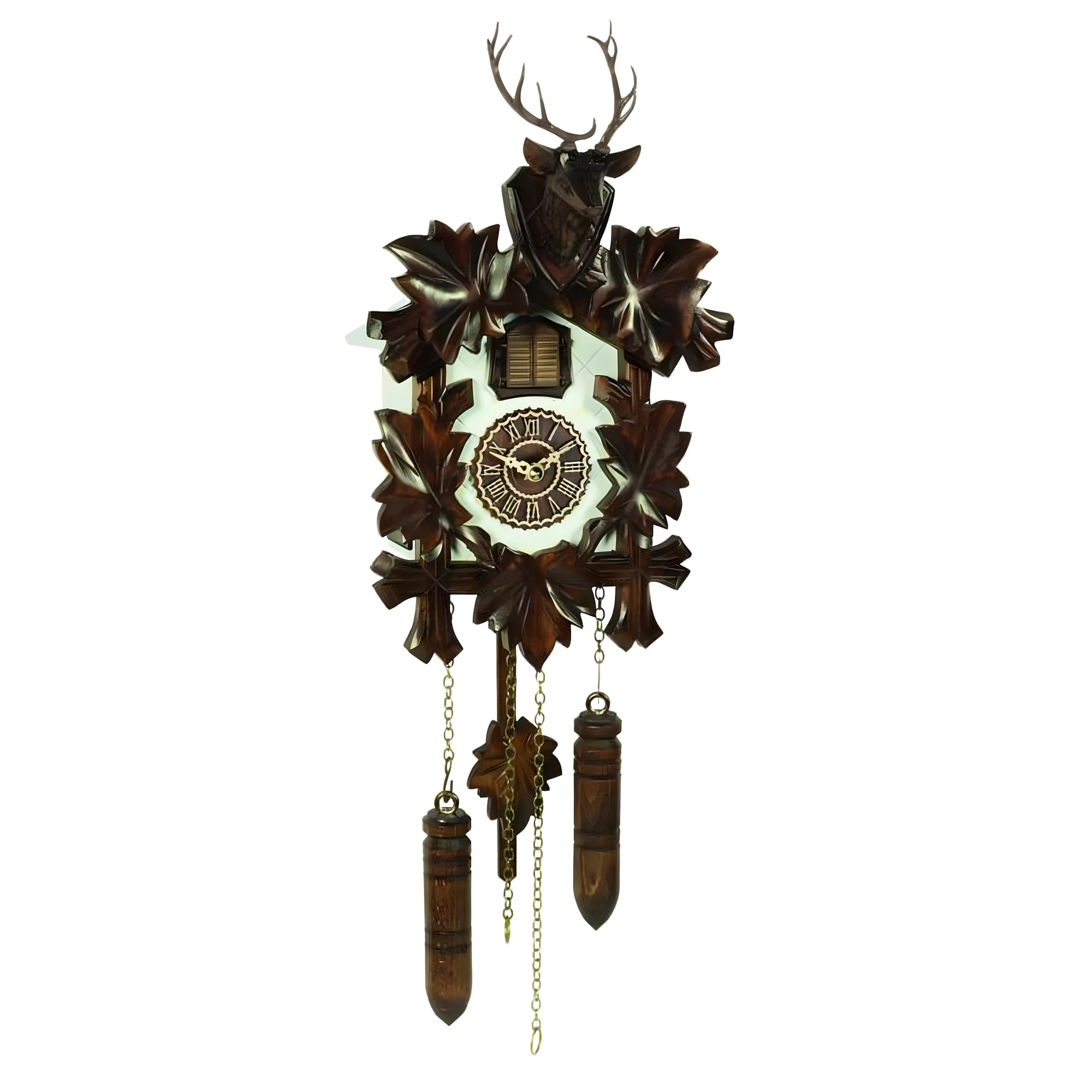 Magnifique Pendule Coucou en Bois d'Érable, Sculpture Tête de Cerf